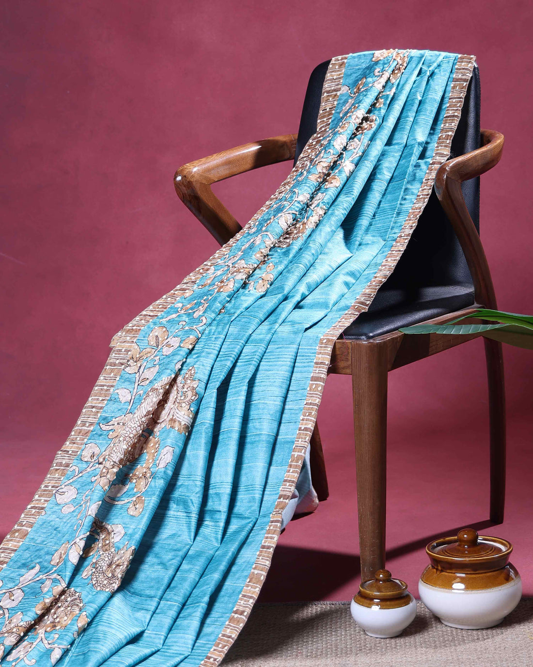 Elegant Semi Tussar Kalamkari Inspired Knot Work Saree with a Classic Self Border - Blue