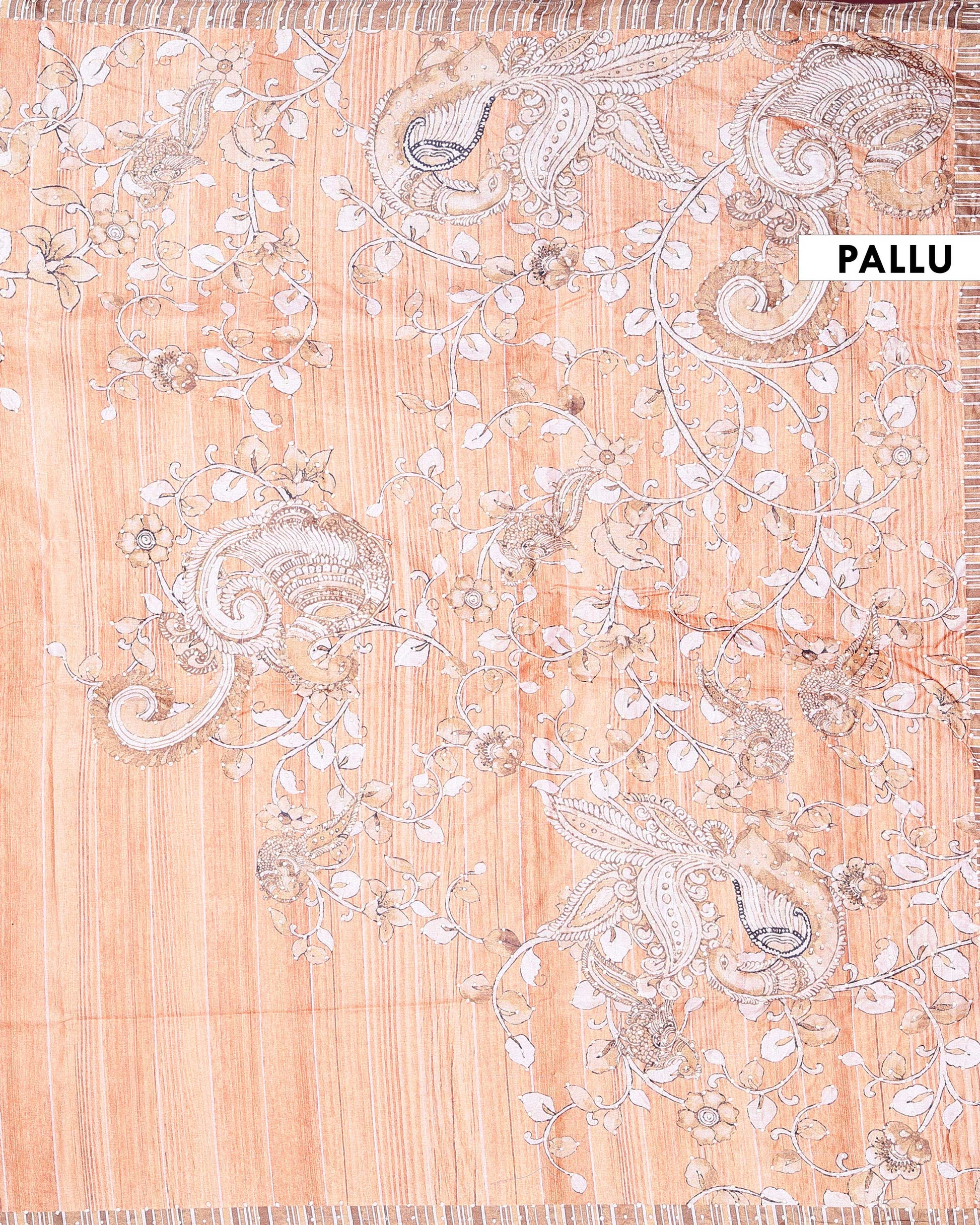 Elegant Semi Tussar Kalamkari Inspired Knot Work Saree with a Classic Self Border - Orange-Pallu