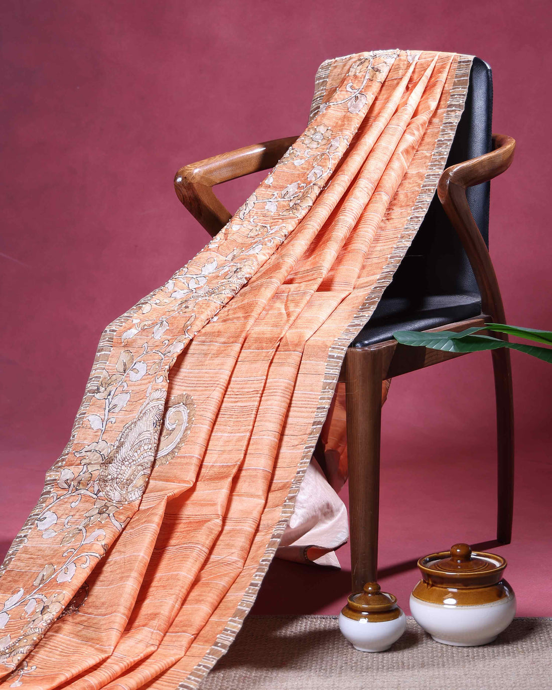 Elegant Semi Tussar Kalamkari Inspired Knot Work Saree with a Classic Self Border - Orange