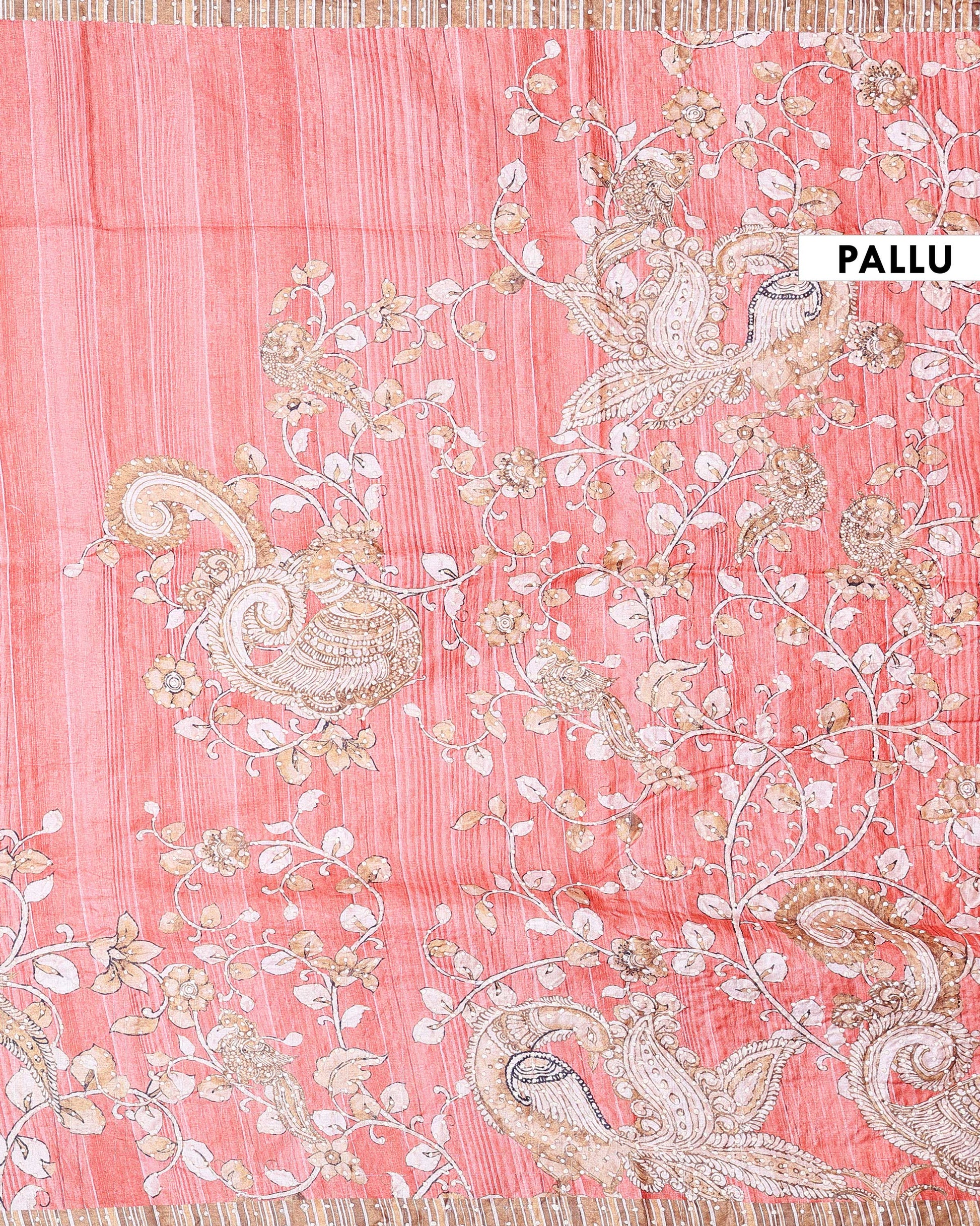 Elegant Semi Tussar Kalamkari Inspired Knot Work Saree with a Classic Self Border - Peach-Pallu