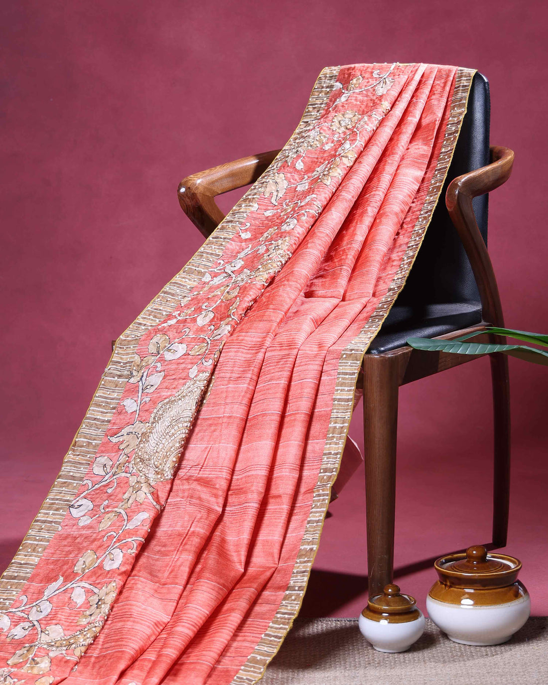 Elegant Semi Tussar Kalamkari Inspired Knot Work Saree with a Classic Self Border - Peach