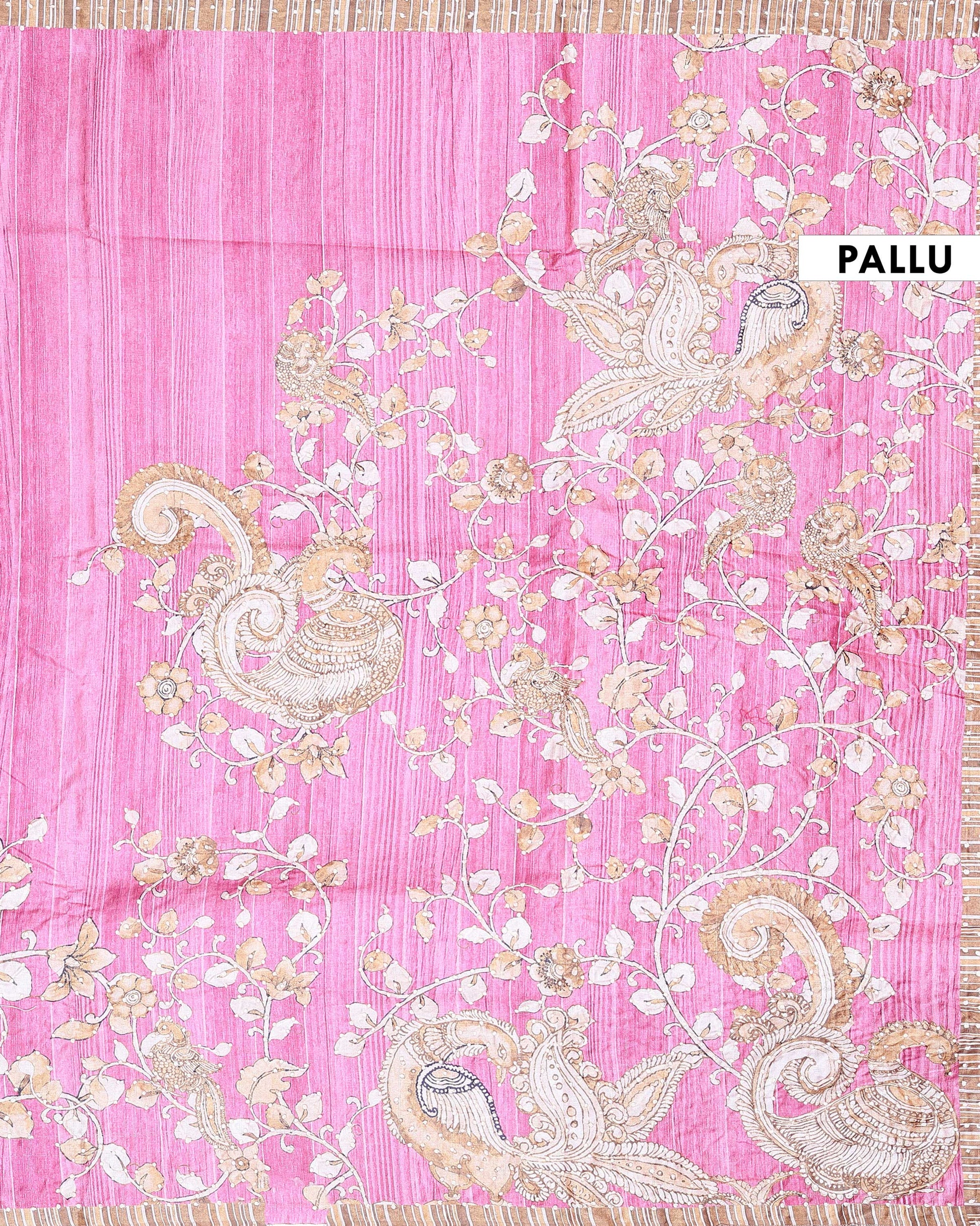 Elegant Semi Tussar Kalamkari Inspired Knot Work Saree with a Classic Self Border - Pink-Pallu