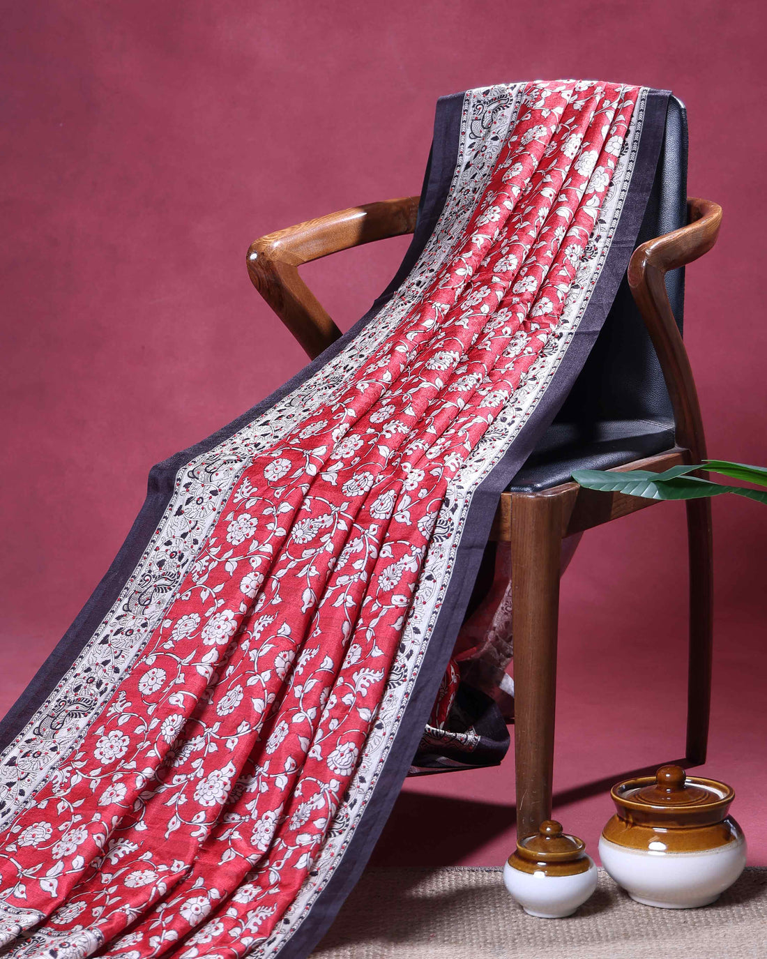 Elegant Semi Tussar Kalamkari Inspired Knot Work Saree with a Classic Self Border - Red