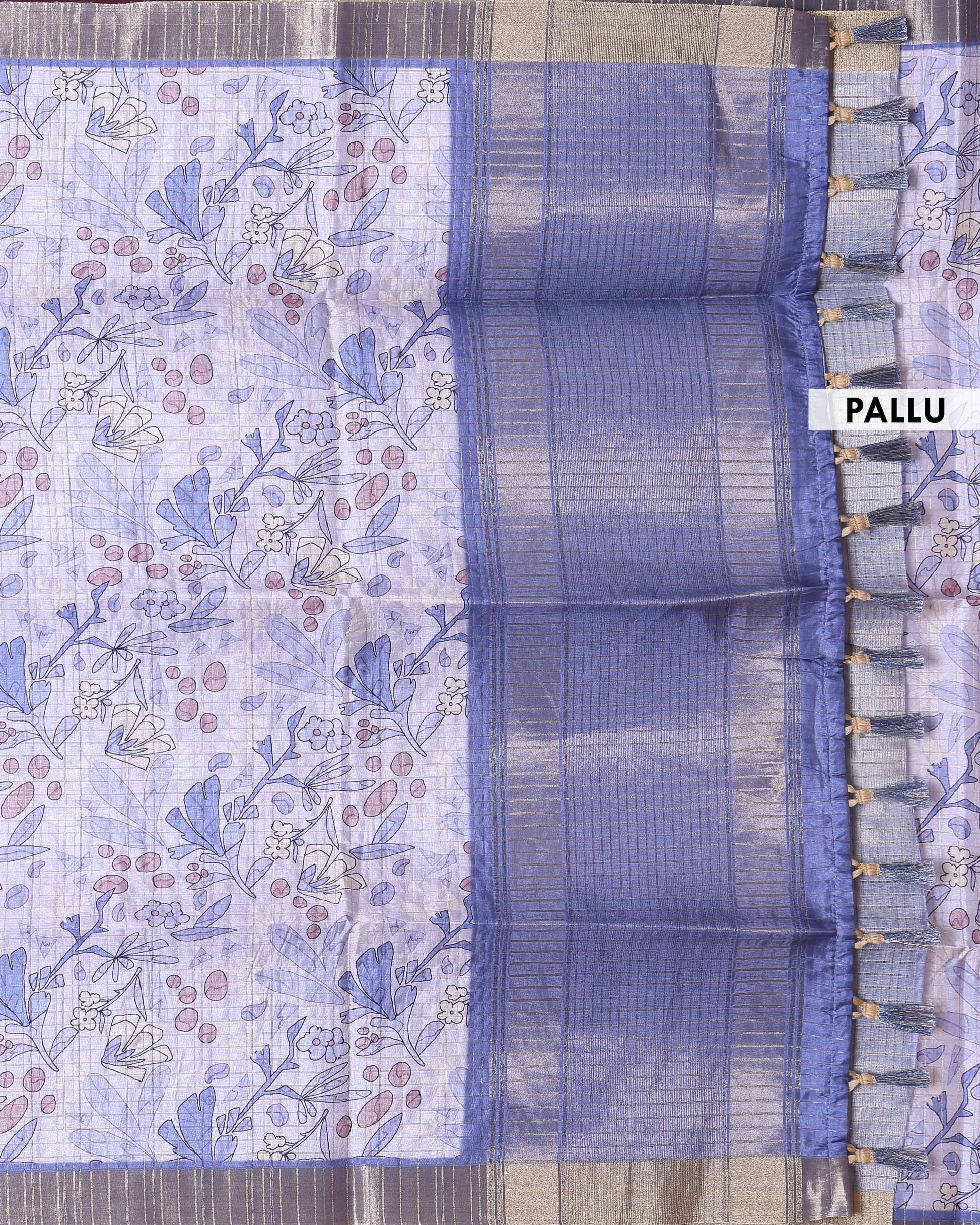 Elegant Semi Tussar Saree with Abstract Floral Print and Classic Woven Border - Blue-Pallu