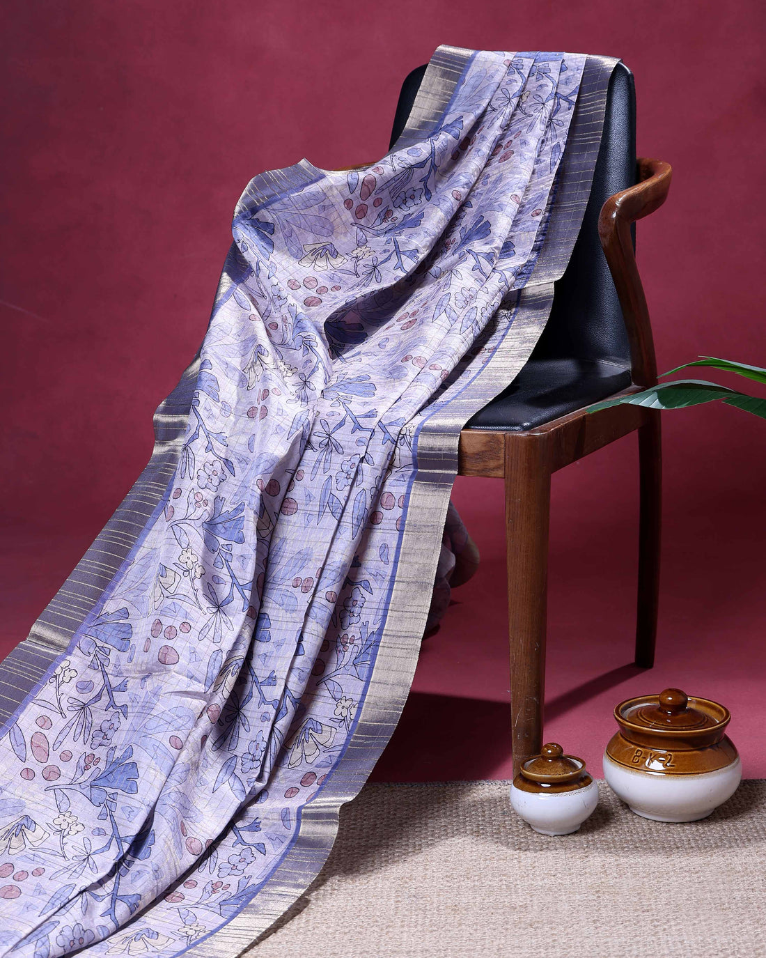 Elegant Semi Tussar Saree with Abstract Floral Print and Classic Woven Border - Blue