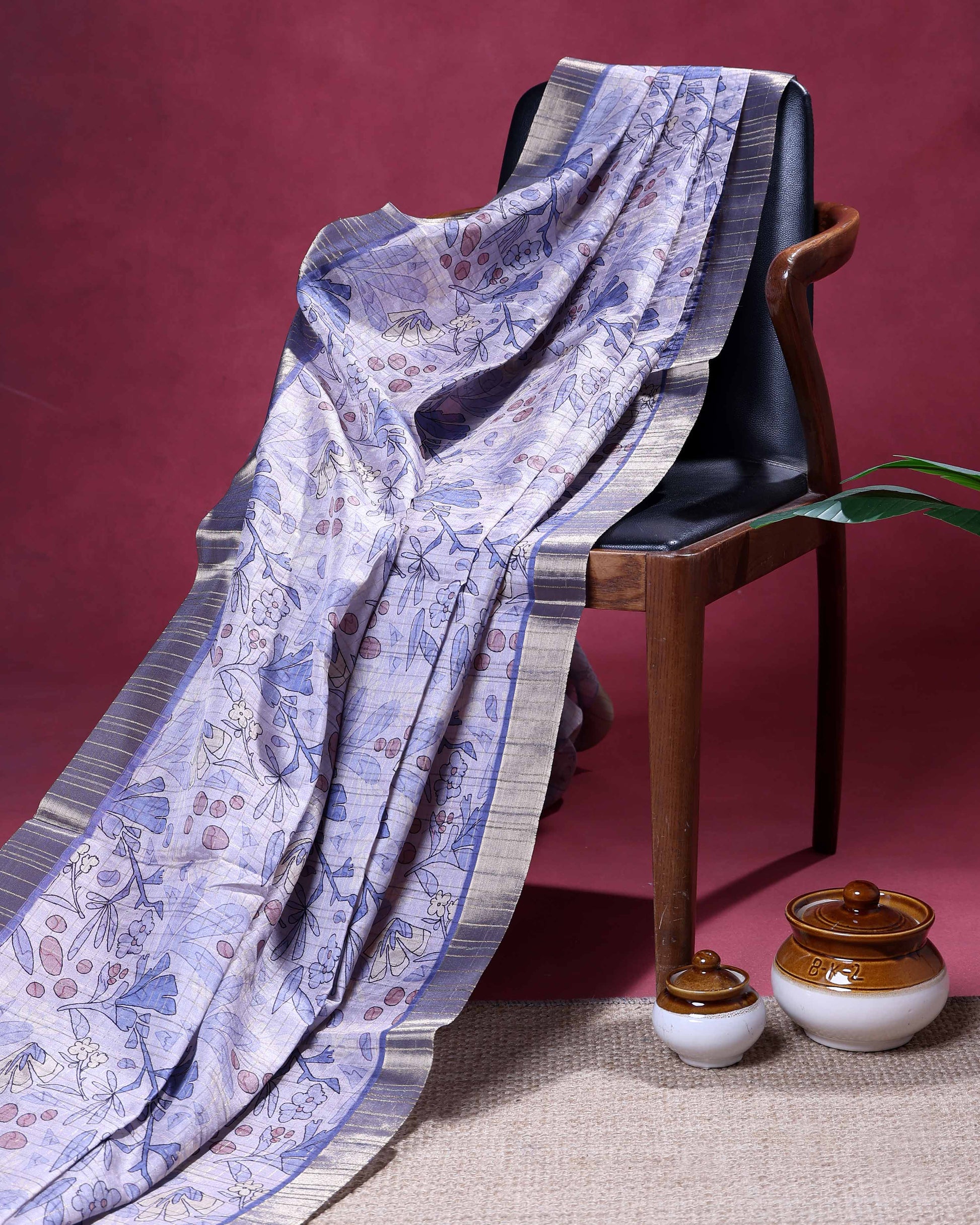 Elegant Semi Tussar Saree with Abstract Floral Print and Classic Woven Border - Blue
