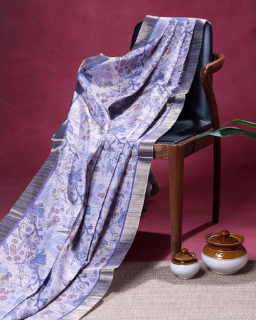 Elegant Semi Tussar Saree with Abstract Floral Print and Classic Woven Border - Blue