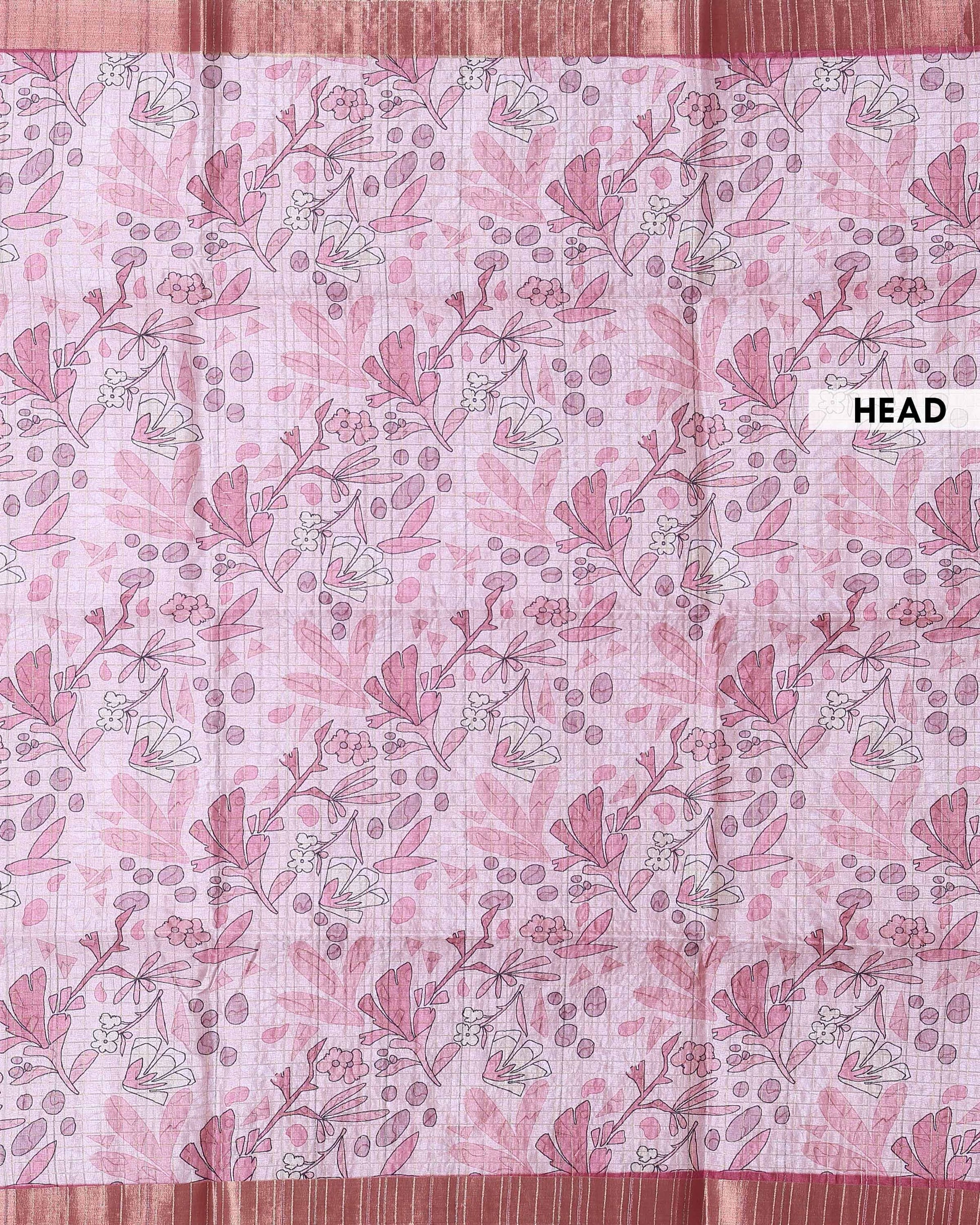 Elegant Semi Tussar Saree with Abstract Floral Print and Classic Woven Border - Pink-Head