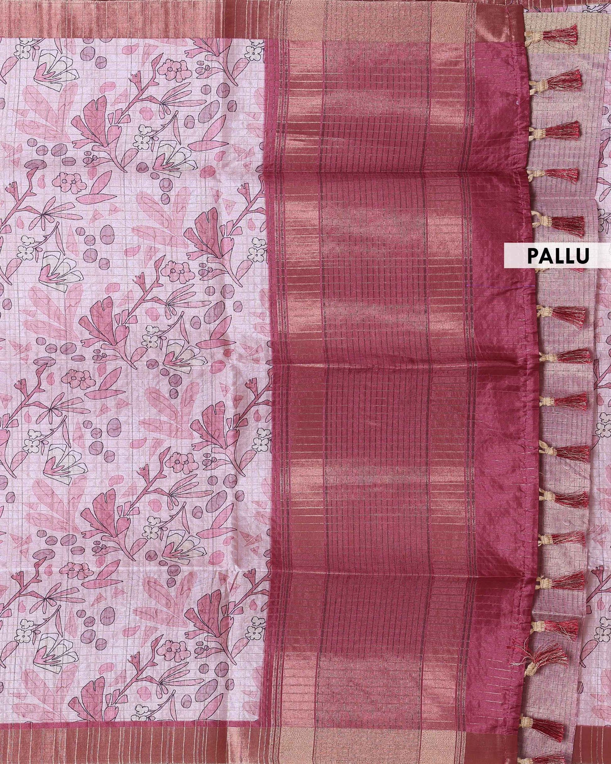 Elegant Semi Tussar Saree with Abstract Floral Print and Classic Woven Border - Pink-Pallu