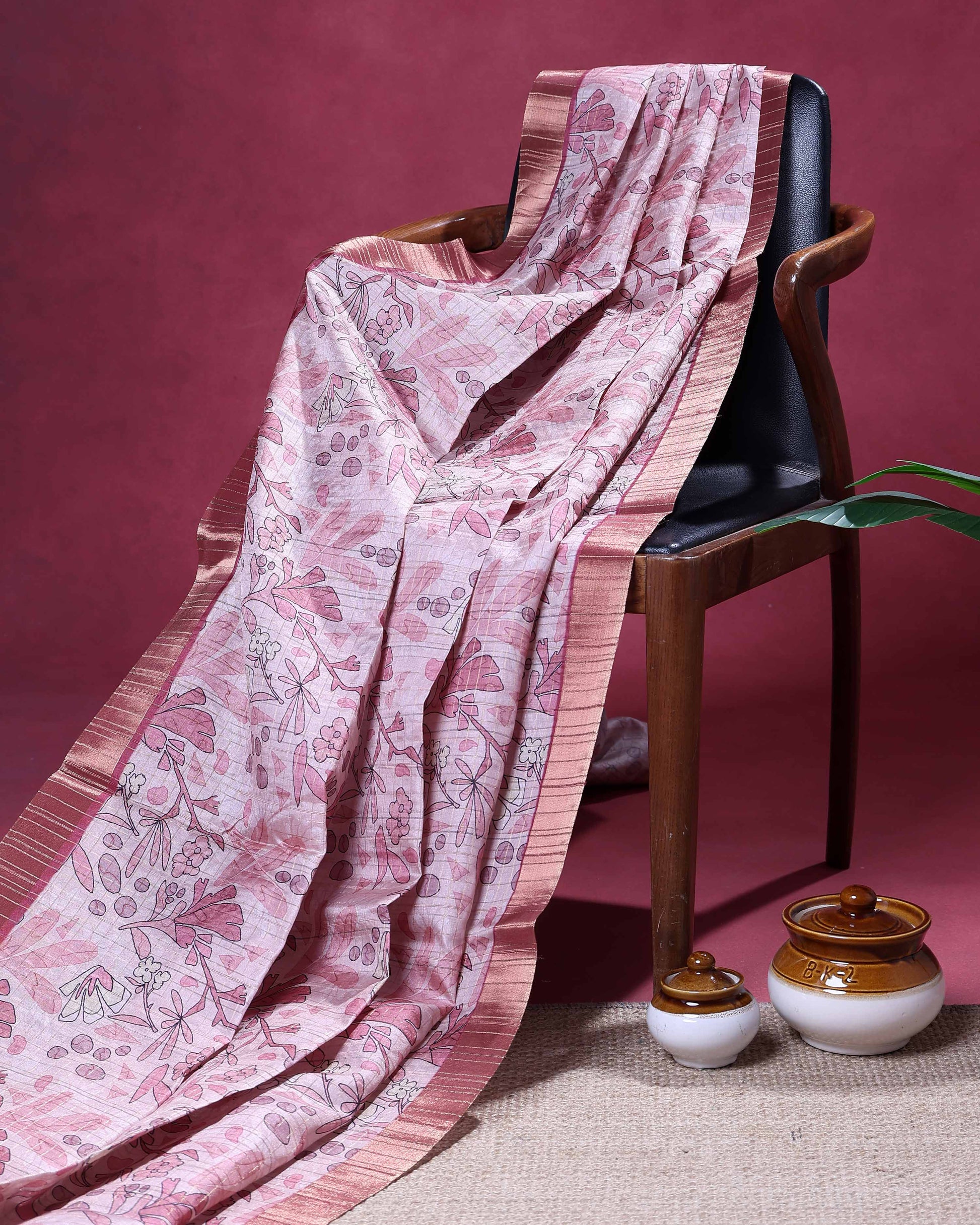 Elegant Semi Tussar Saree with Abstract Floral Print and Classic Woven Border - Pink