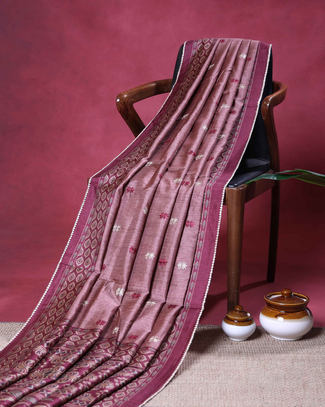 Elegant Semi Tussar Saree with All Over Buti Motifs and Traditional Woven Border - Onion Pink