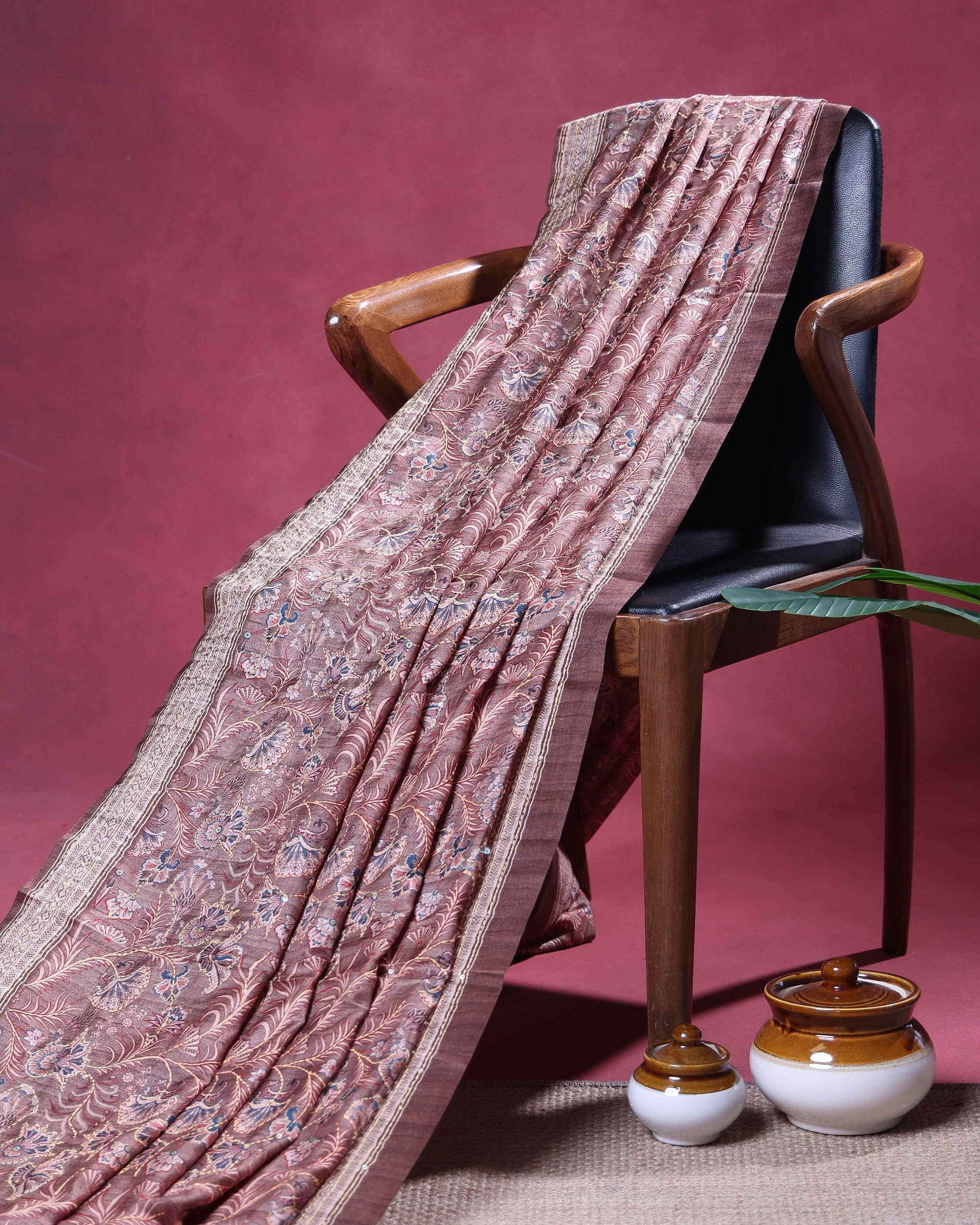 Elegant Semi Tussar Saree with All Over Floral Vine Print and Intricately Woven Traditional Border - Brown