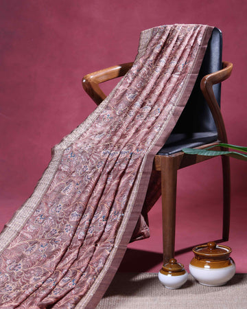 Elegant Semi Tussar Saree with All Over Floral Vine Print and Intricately Woven Traditional Border - Brown