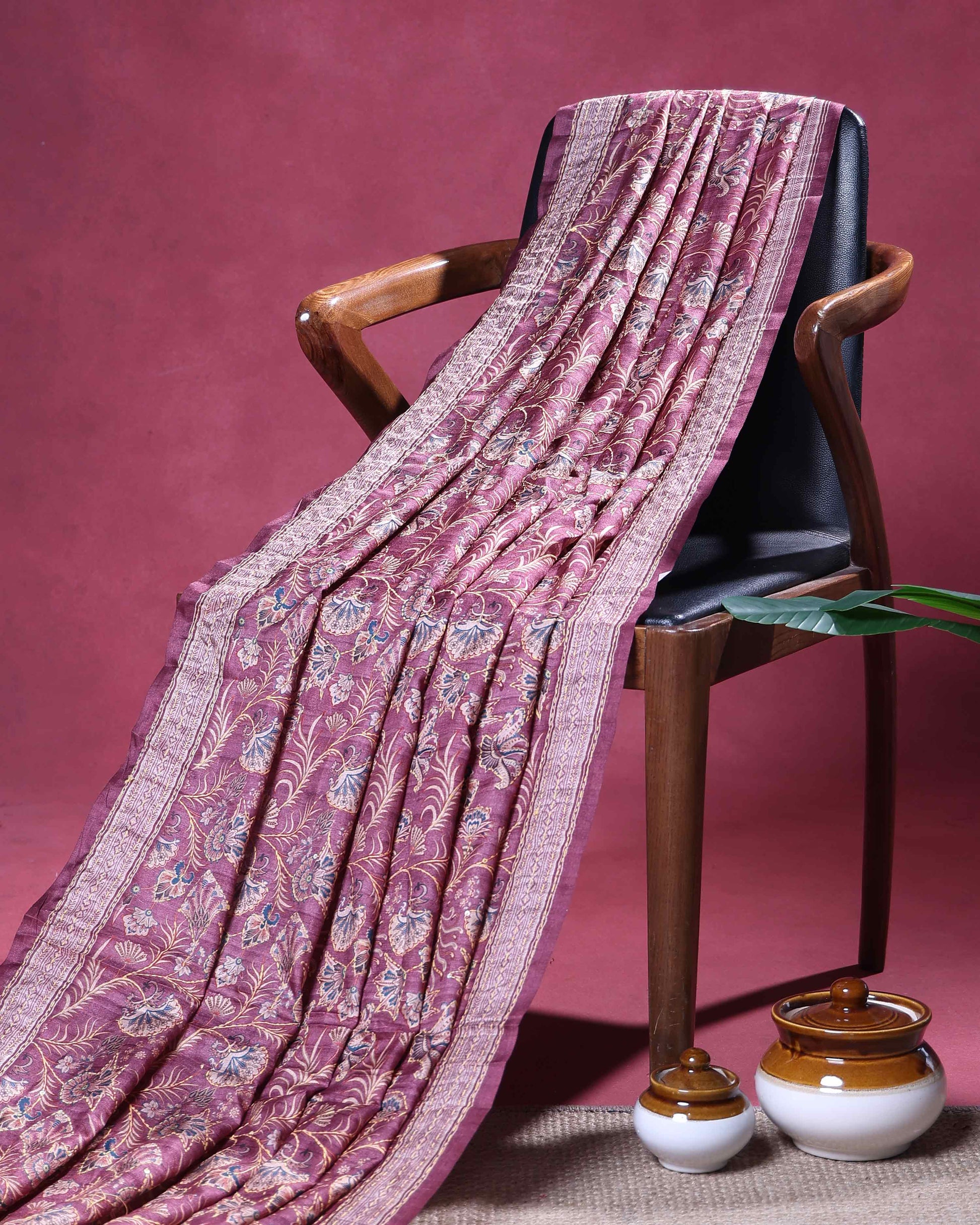 Elegant Semi Tussar Saree with All Over Floral Vine Print and Intricately Woven Traditional Border - Onion Pink