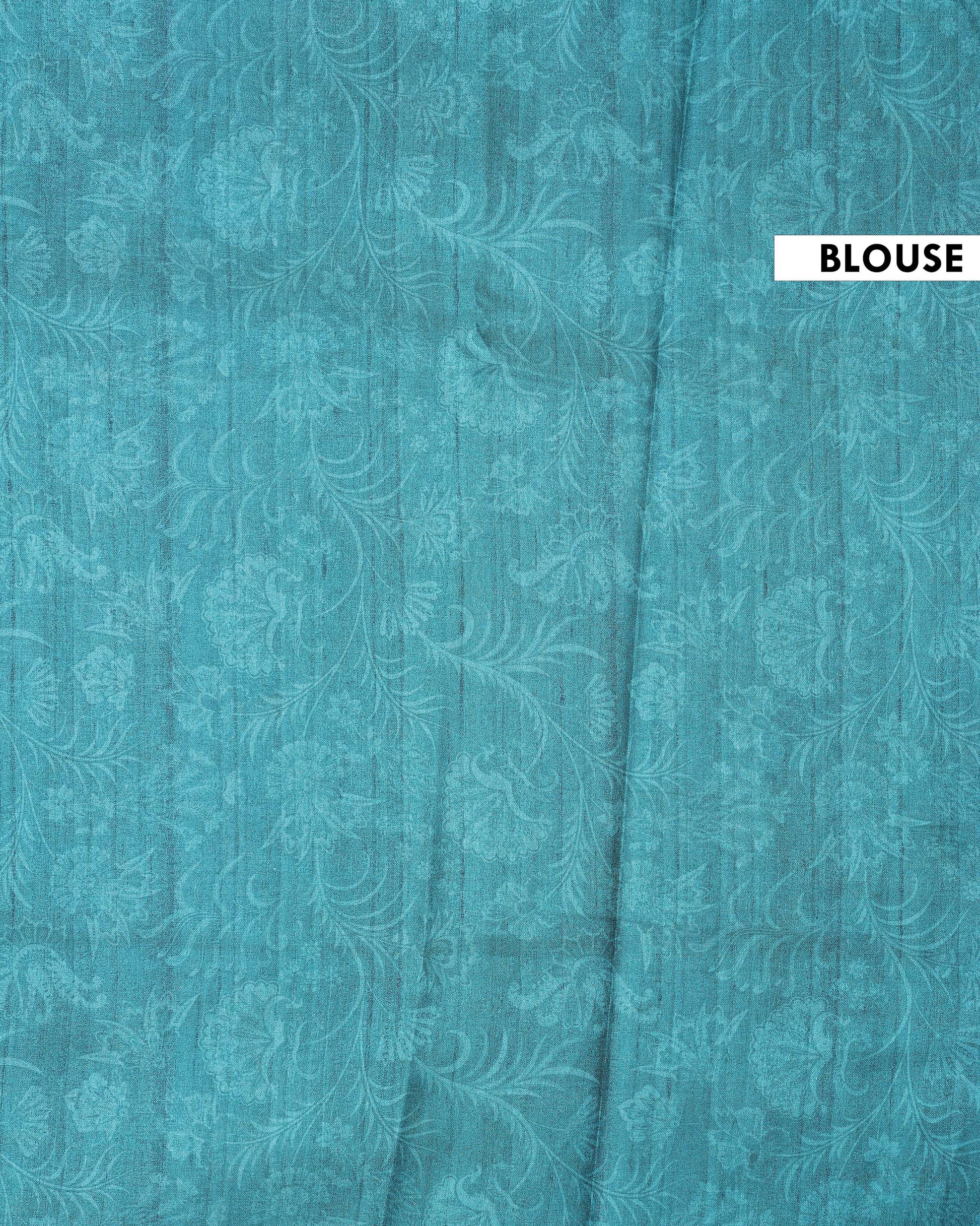 Elegant Semi Tussar Saree with All Over Floral Vine Print and Intricately Woven Traditional Border - Turquoise Blue-Blouse