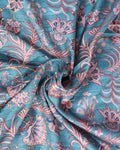Elegant Semi Tussar Saree with All Over Floral Vine Print and Intricately Woven Traditional Border - Turquoise Blue-Close Up