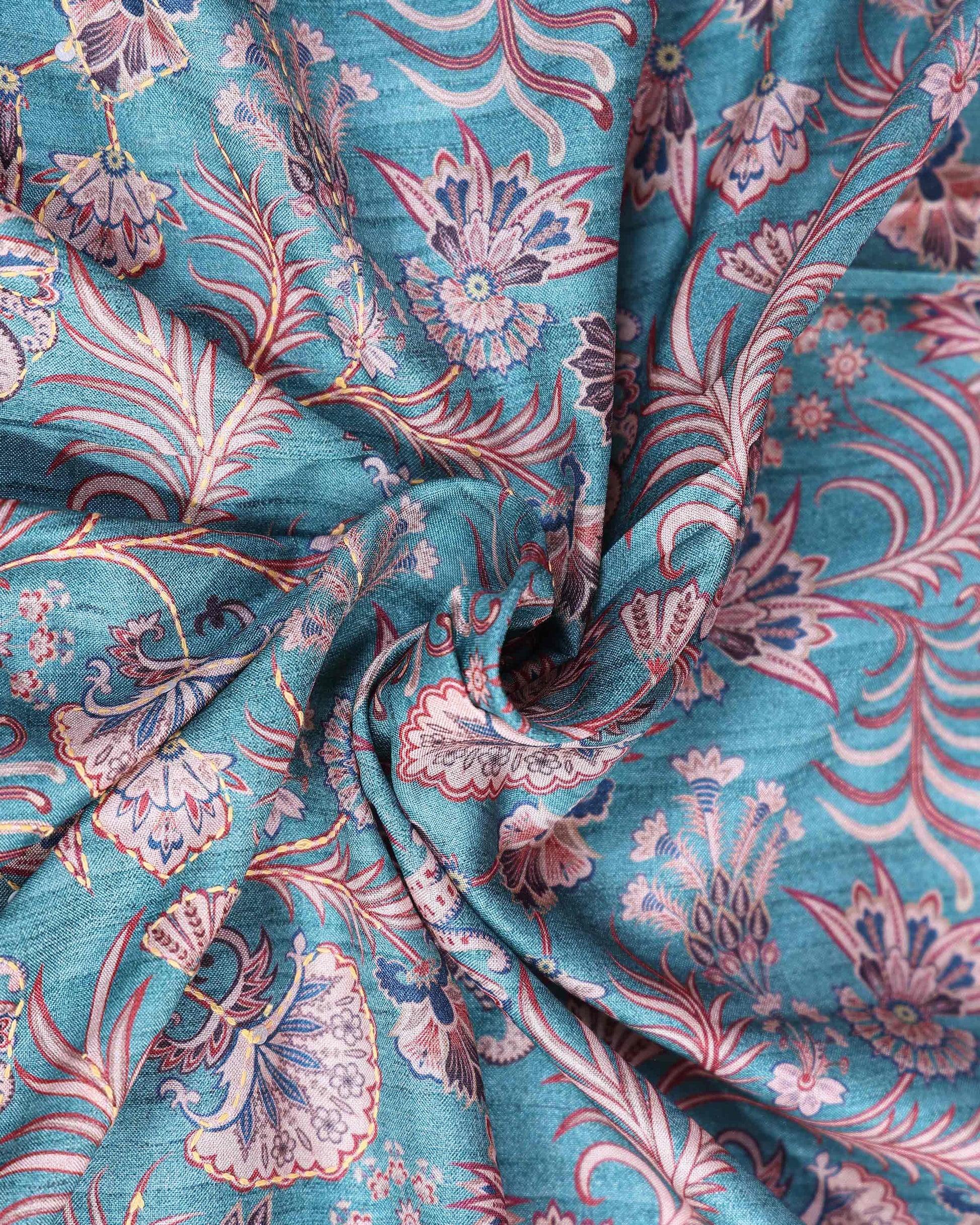 Elegant Semi Tussar Saree with All Over Floral Vine Print and Intricately Woven Traditional Border - Turquoise Blue-Close Up