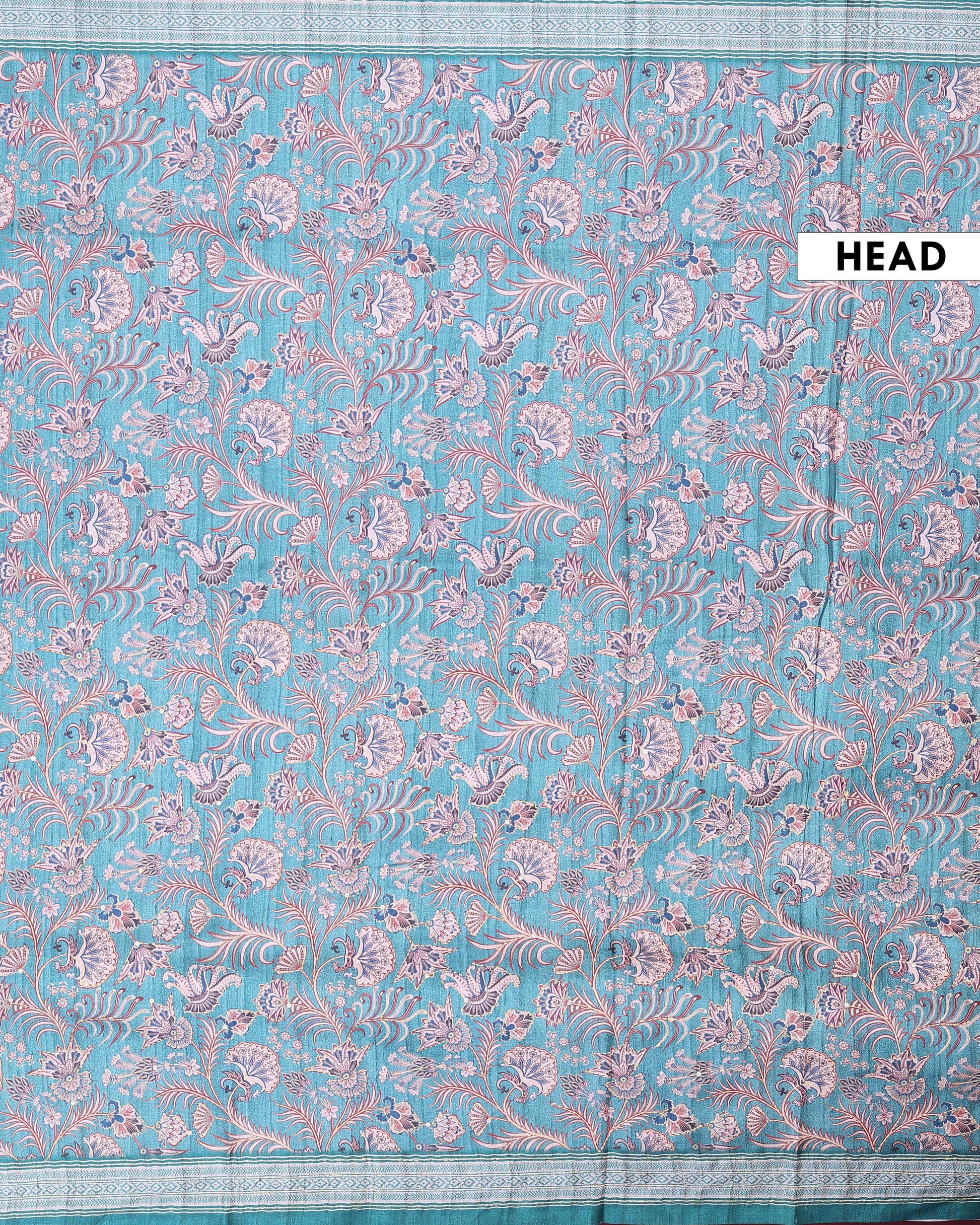 Elegant Semi Tussar Saree with All Over Floral Vine Print and Intricately Woven Traditional Border - Turquoise Blue-Head