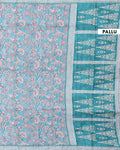 Elegant Semi Tussar Saree with All Over Floral Vine Print and Intricately Woven Traditional Border - Turquoise Blue-Pallu