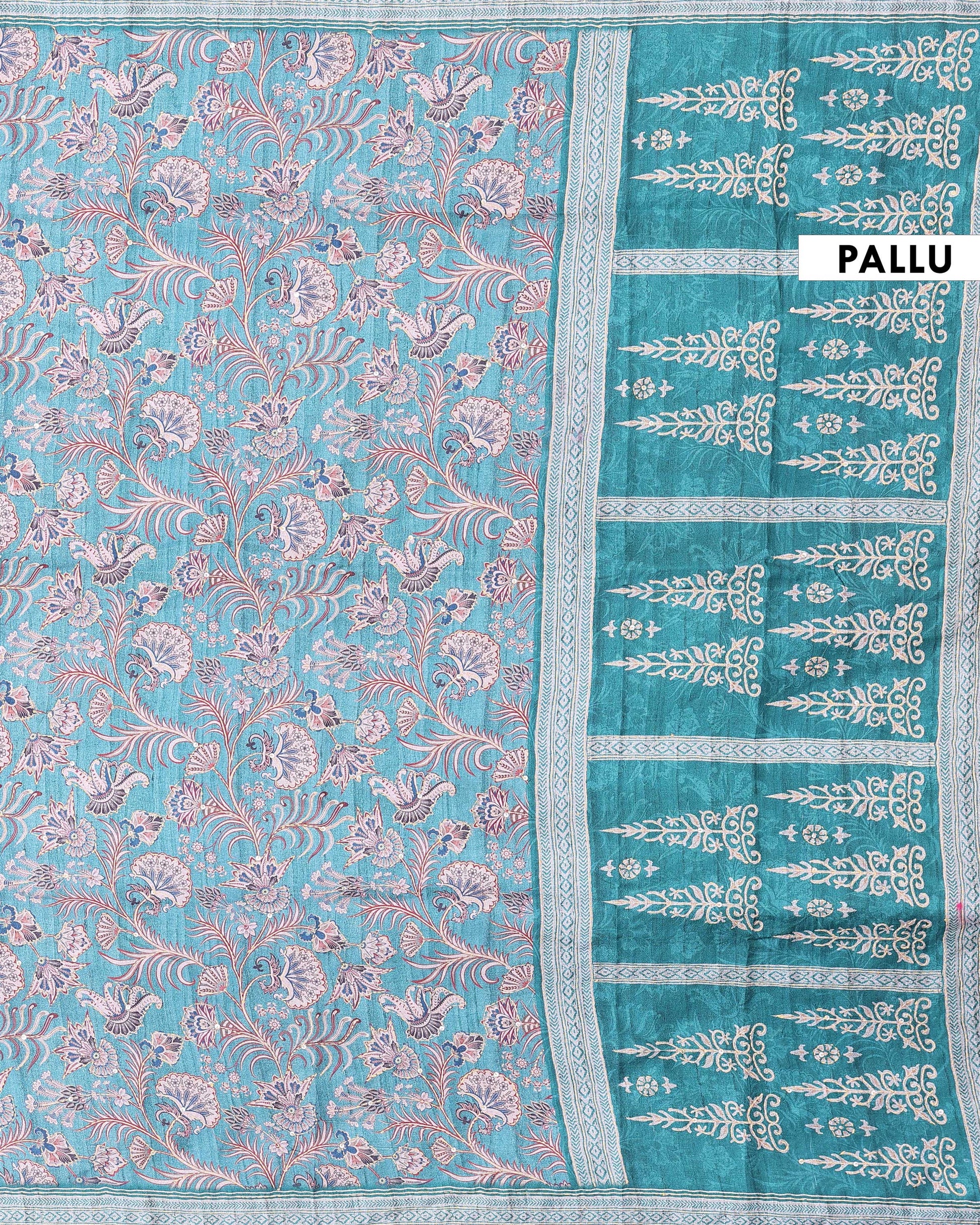 Elegant Semi Tussar Saree with All Over Floral Vine Print and Intricately Woven Traditional Border - Turquoise Blue-Pallu