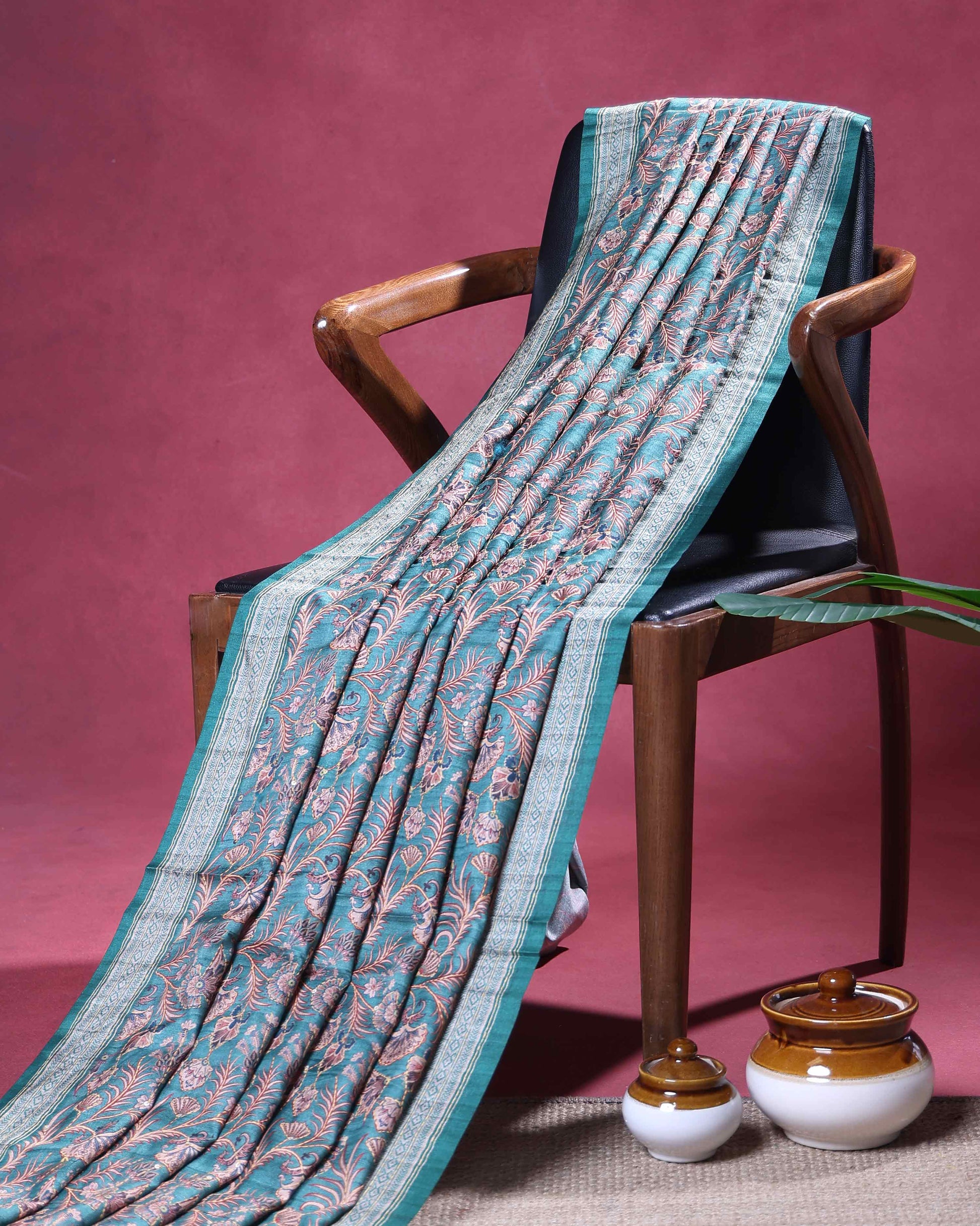 Elegant Semi Tussar Saree with All Over Floral Vine Print and Intricately Woven Traditional Border - Turquoise Blue