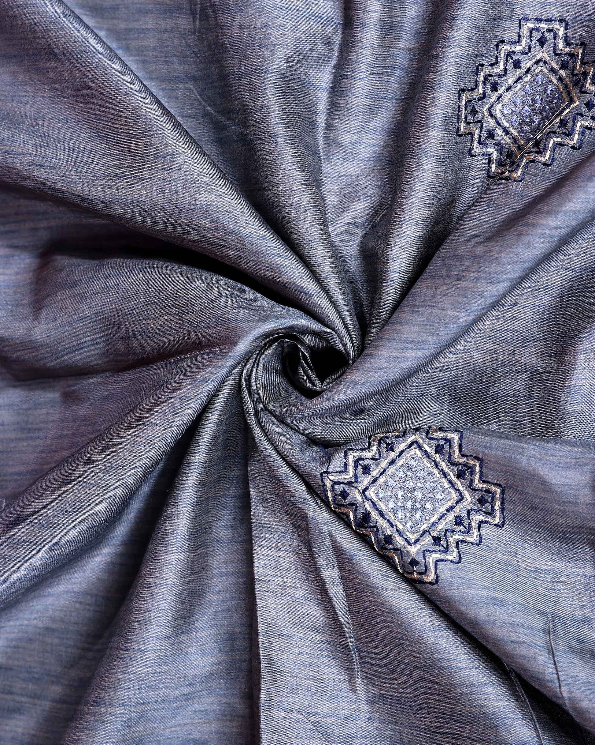 Elegant Semi Tussar Saree with Allover Geometric Buti Motifs and Intricately Woven Traditional Border - Grey-Close Up