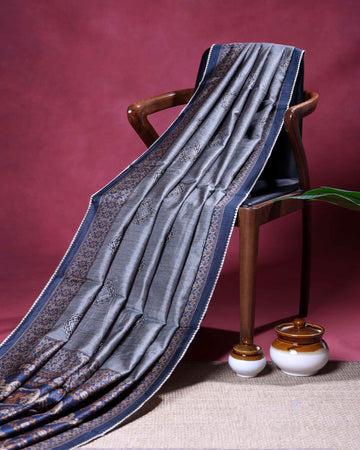 Elegant Semi Tussar Saree with Allover Geometric Buti Motifs and Intricately Woven Traditional Border - Grey