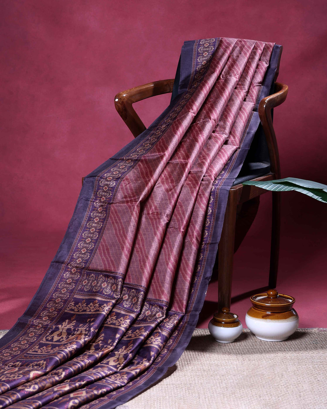 Elegant Semi Tussar Saree with Diagonal Striped Textured Body and Intricately Woven Traditional Ethnic Border - Multi