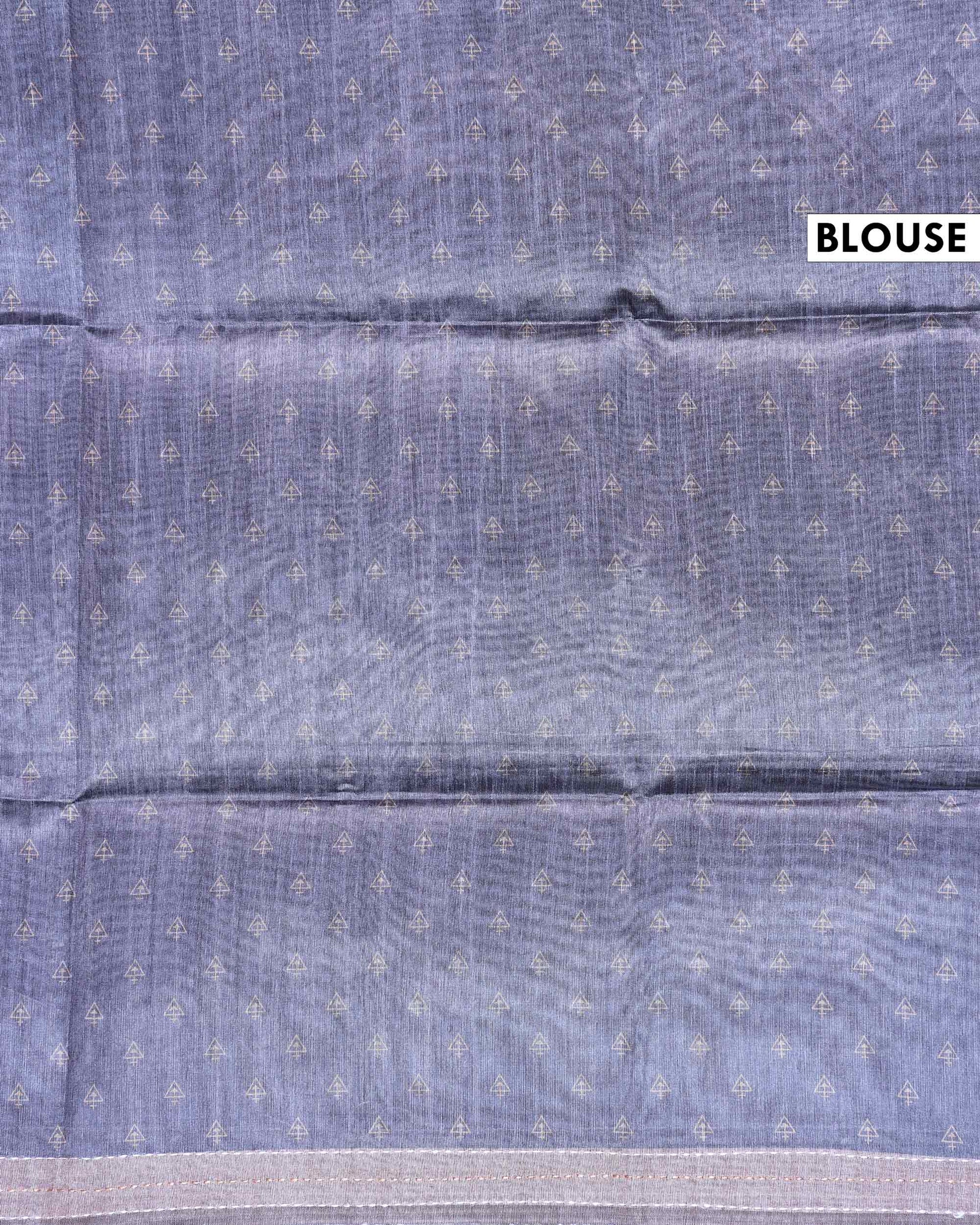 Elegant Semi Tussar Saree with Diagonal Thread Work and Traditional Animal Motif Woven Border - Blue-Blouse