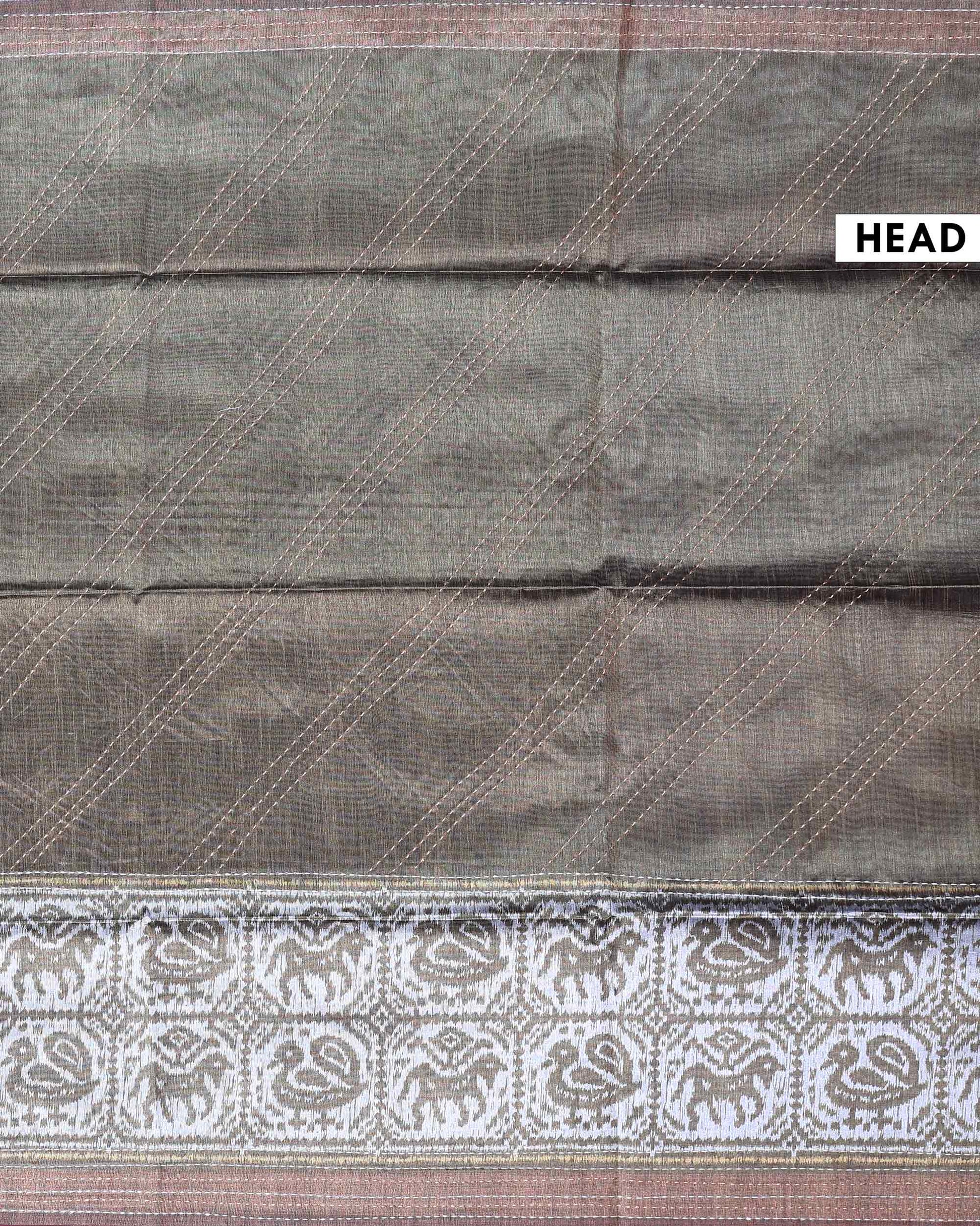 Elegant Semi Tussar Saree with Diagonal Thread Work and Traditional Animal Motif Woven Border - Olive Green-Head