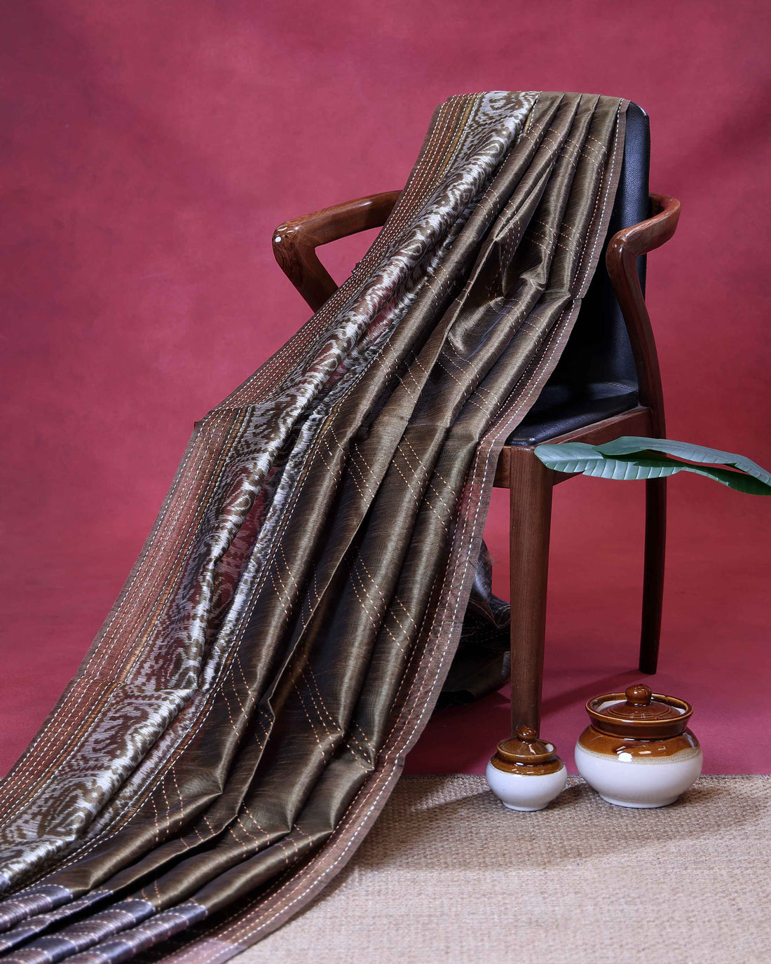 Elegant Semi Tussar Saree with Diagonal Thread Work and Traditional Animal Motif Woven Border - Olive Green