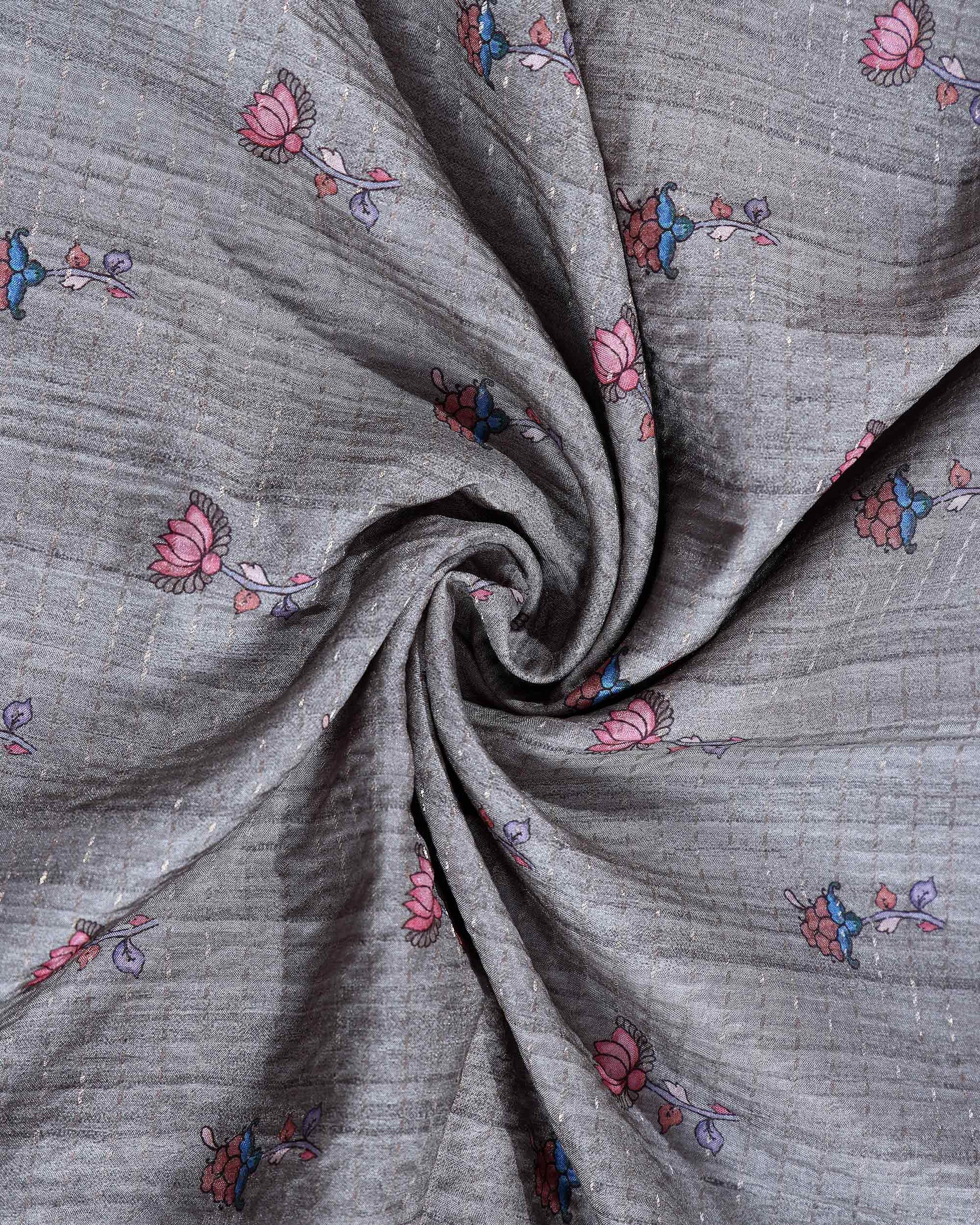 Elegant Semi Tussar Saree with Floral Motifs Textured Weave Body and Subtle Contrast Border- Grey-Close Up