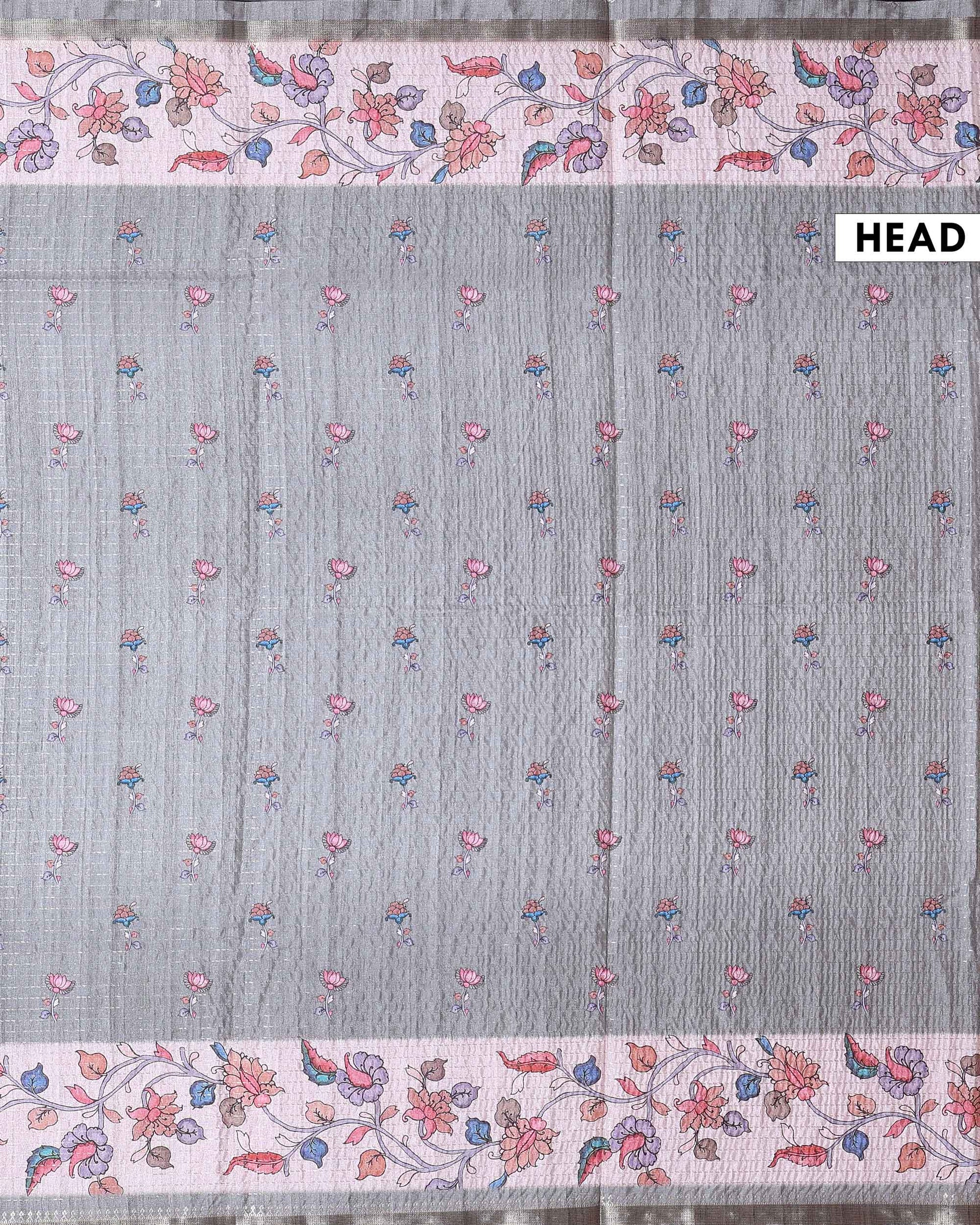 Elegant Semi Tussar Saree with Floral Motifs Textured Weave Body and Subtle Contrast Border- Grey-Head