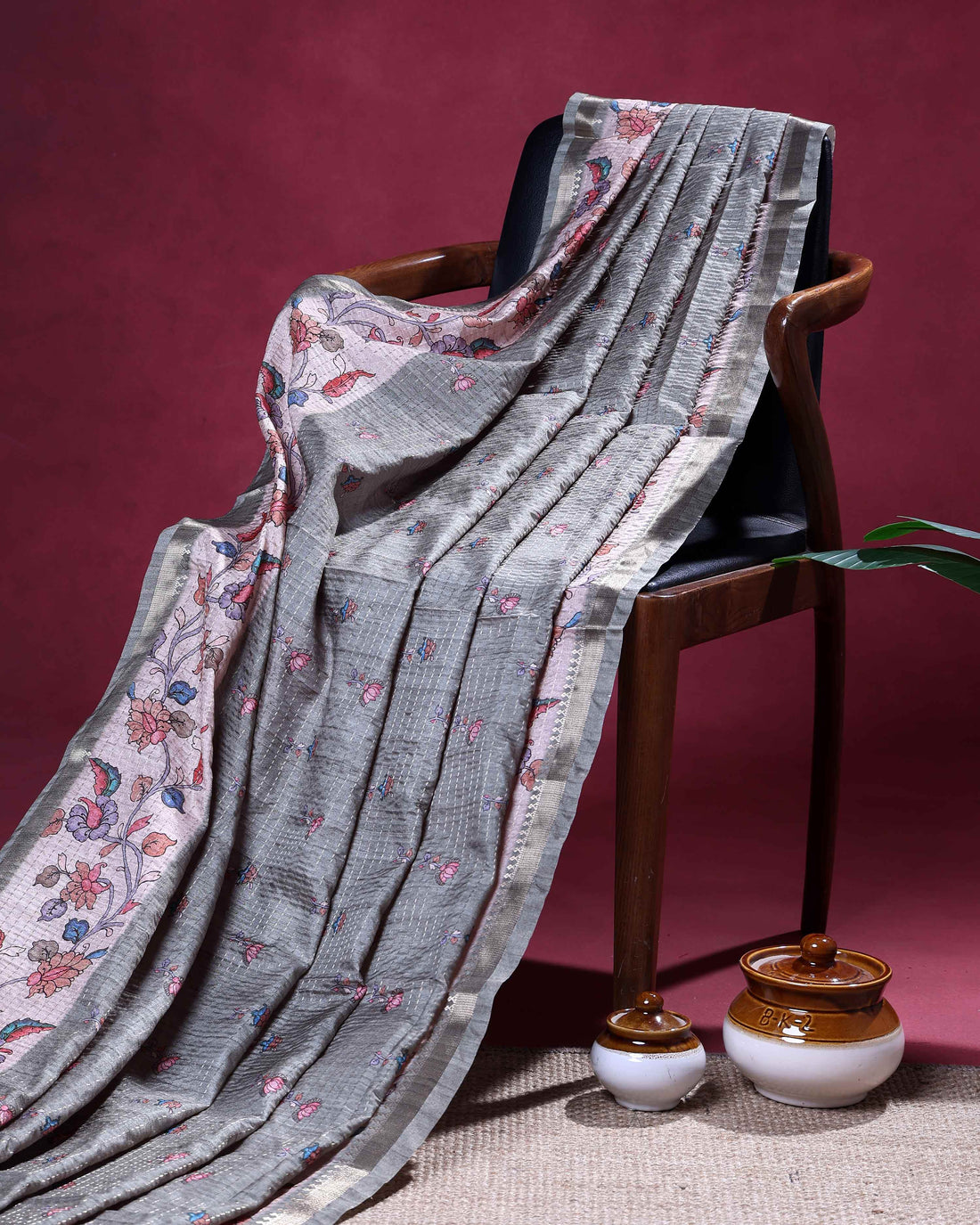Elegant Semi Tussar Saree with Floral Motifs Textured Weave Body and Subtle Contrast Border- Grey