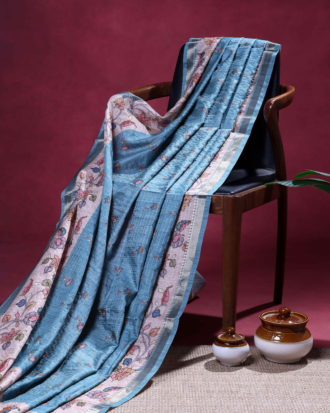 Elegant Semi Tussar Saree with Floral Motifs Textured Weave Body and Subtle Contrast Border - Blue