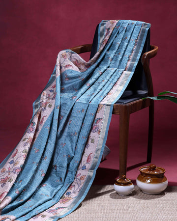 Elegant Semi Tussar Saree with Floral Motifs Textured Weave Body and Subtle Contrast Border - Blue