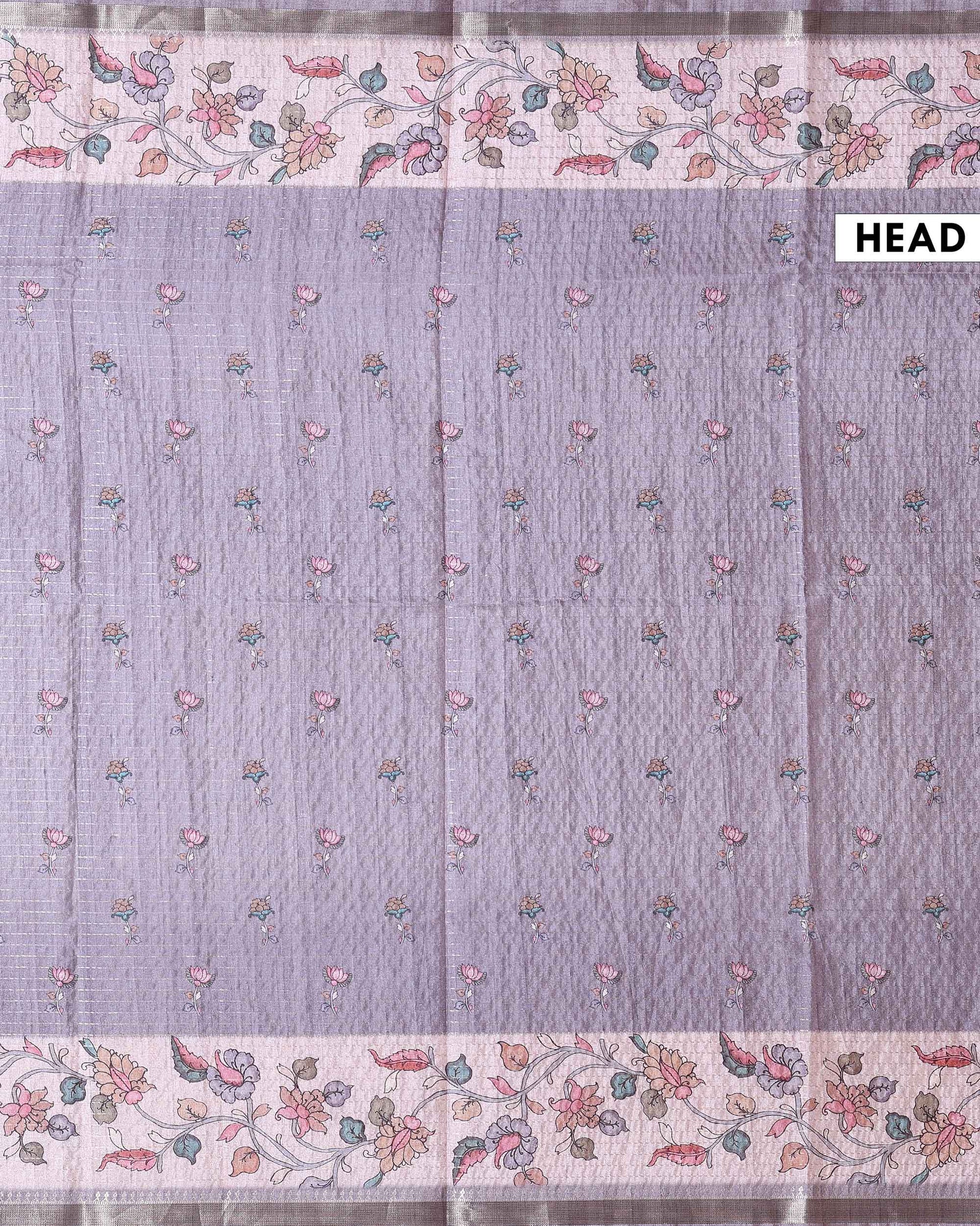 Elegant Semi Tussar Saree with Floral Motifs Textured Weave Body and Subtle Contrast Border - Pastel Purple-Head