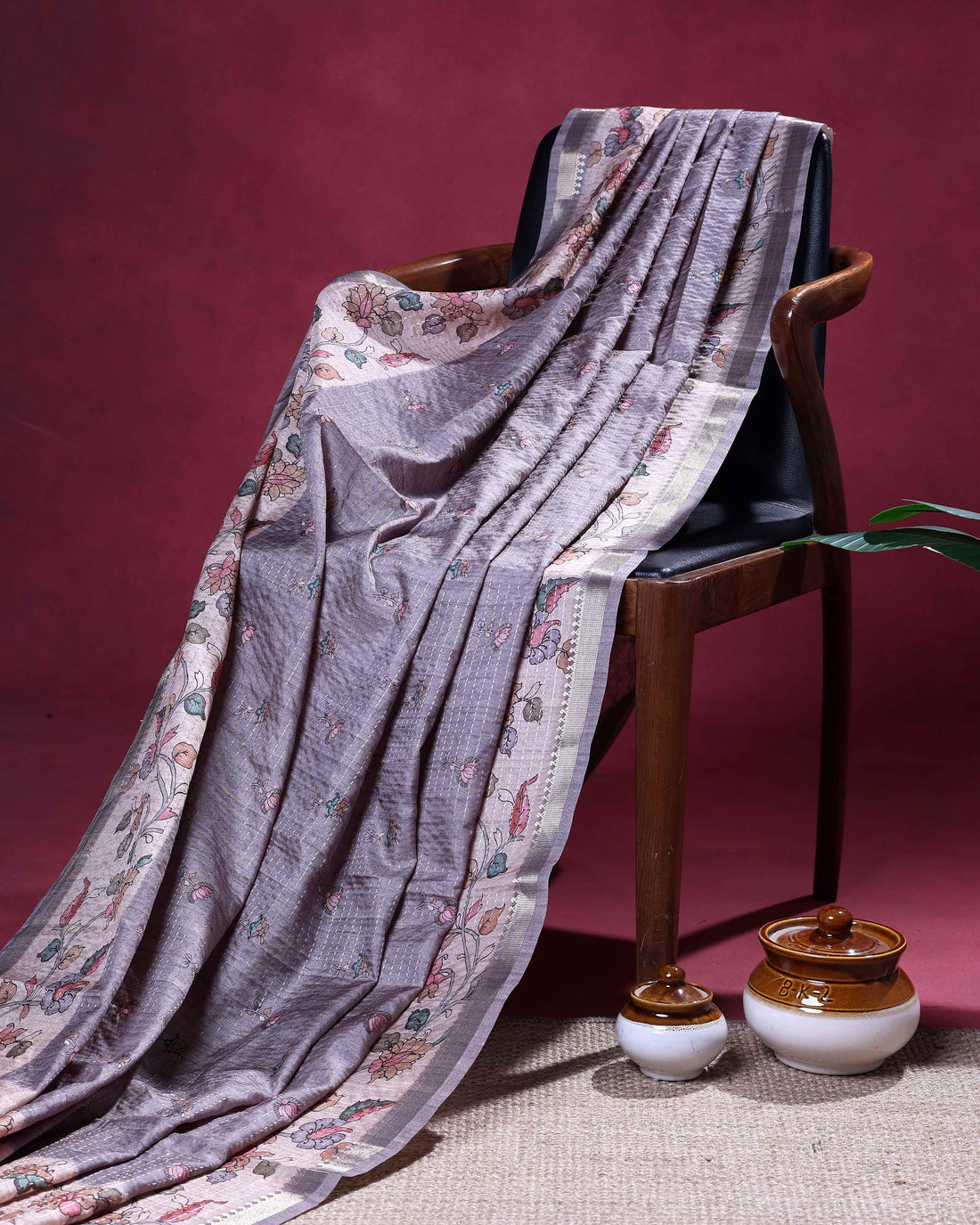 Elegant Semi Tussar Saree with Floral Motifs Textured Weave Body and Subtle Contrast Border - Pastel Purple