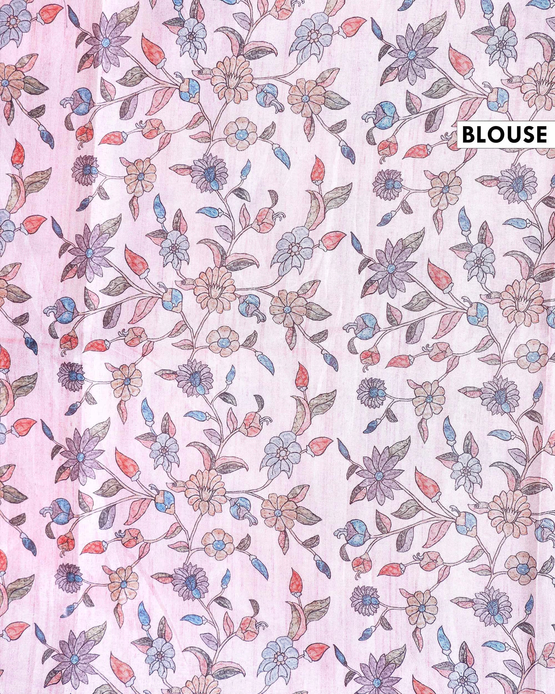 Elegant Semi Tussar Saree with Floral Printed Body and a Subtle Border - Baby Pink-Blouse