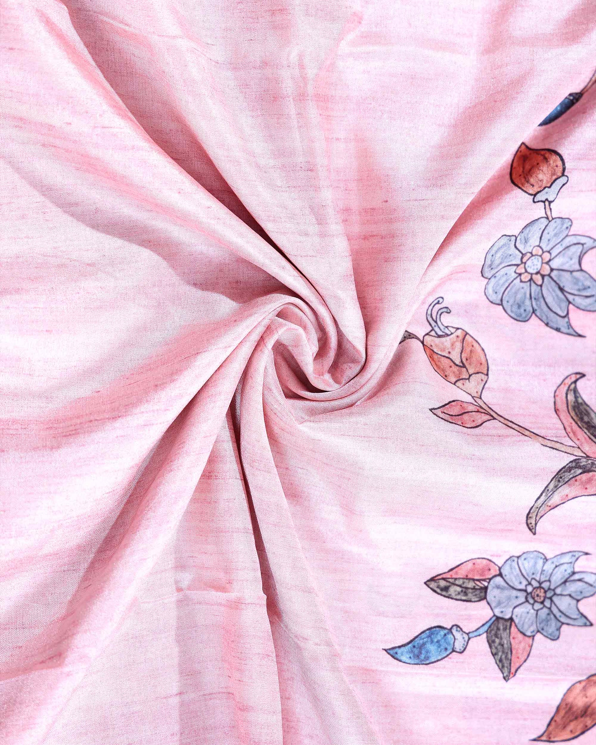 Elegant Semi Tussar Saree with Floral Printed Body and a Subtle Border - Baby Pink-Close Up