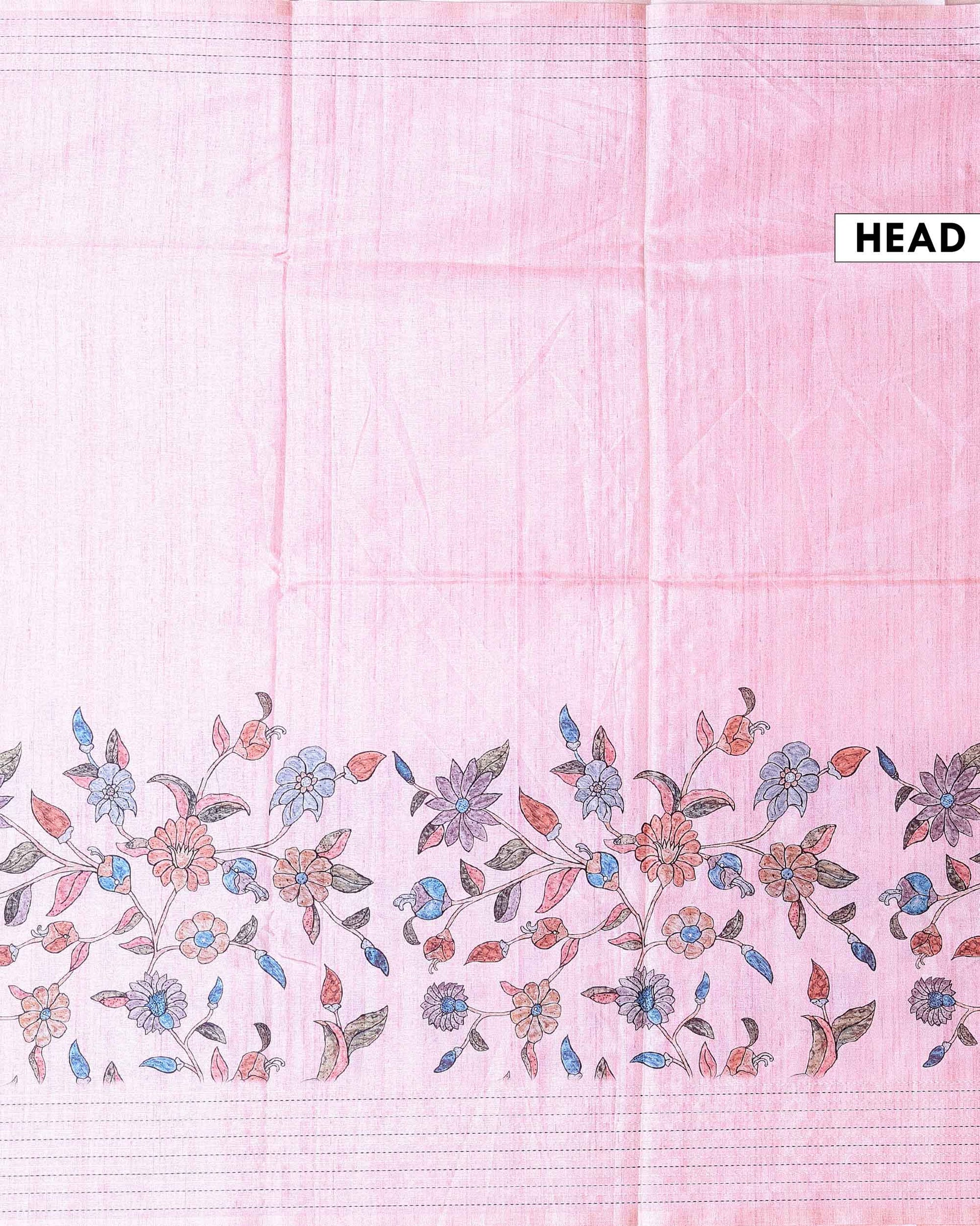 Elegant Semi Tussar Saree with Floral Printed Body and a Subtle Border - Baby Pink-Head