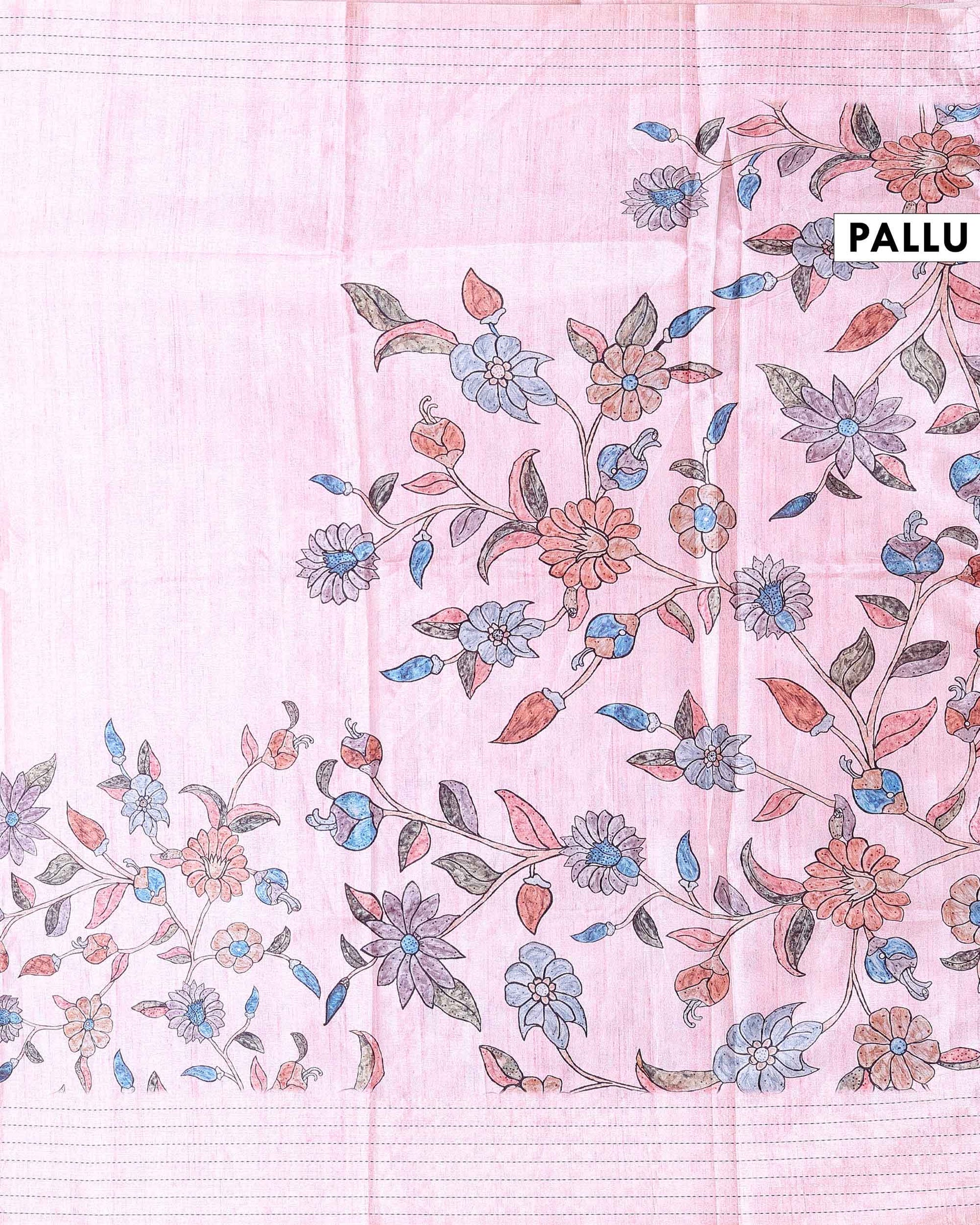 Elegant Semi Tussar Saree with Floral Printed Body and a Subtle Border - Baby Pink-Pallu