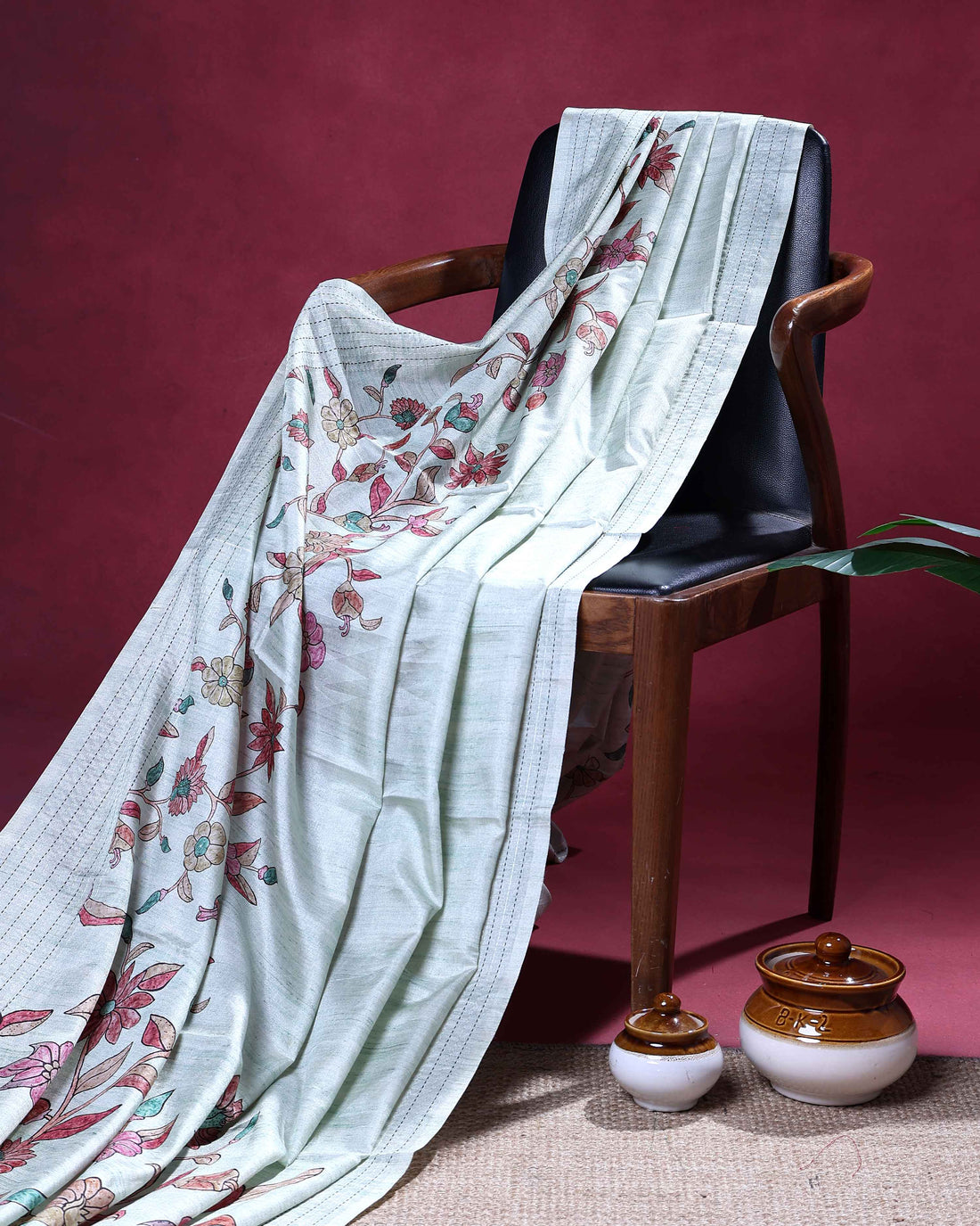 Elegant Semi Tussar Saree with Floral Printed Body and a Subtle Border - Pastel Green