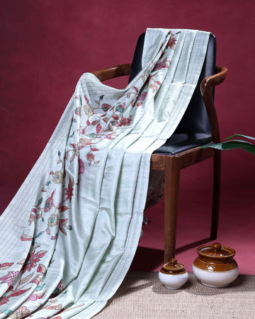 Elegant Semi Tussar Saree with Floral Printed Body and a Subtle Border - Pastel Green