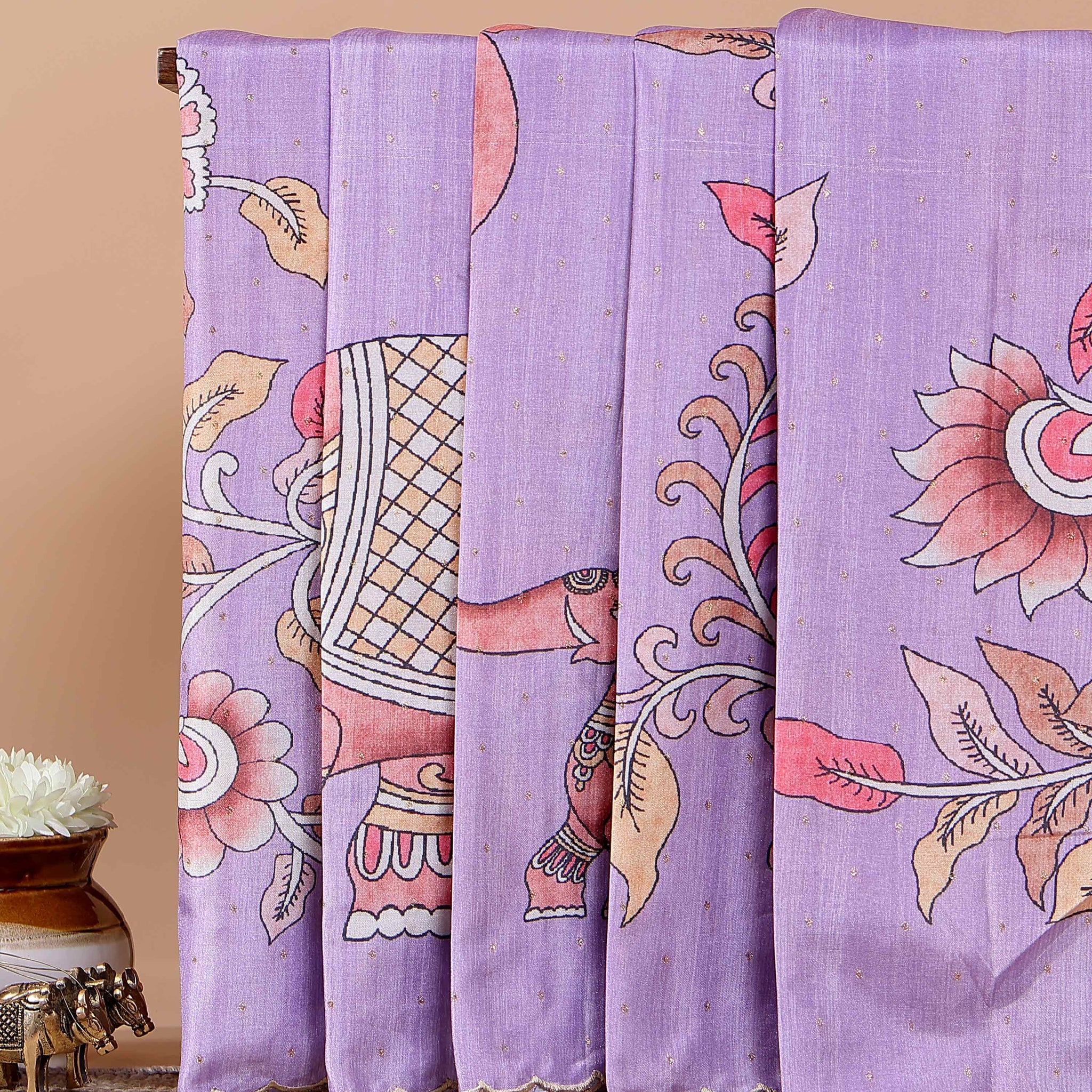 Elegant Semi Tussar Saree with Hand-Painted Elephant and Floral Motifs - Lavender