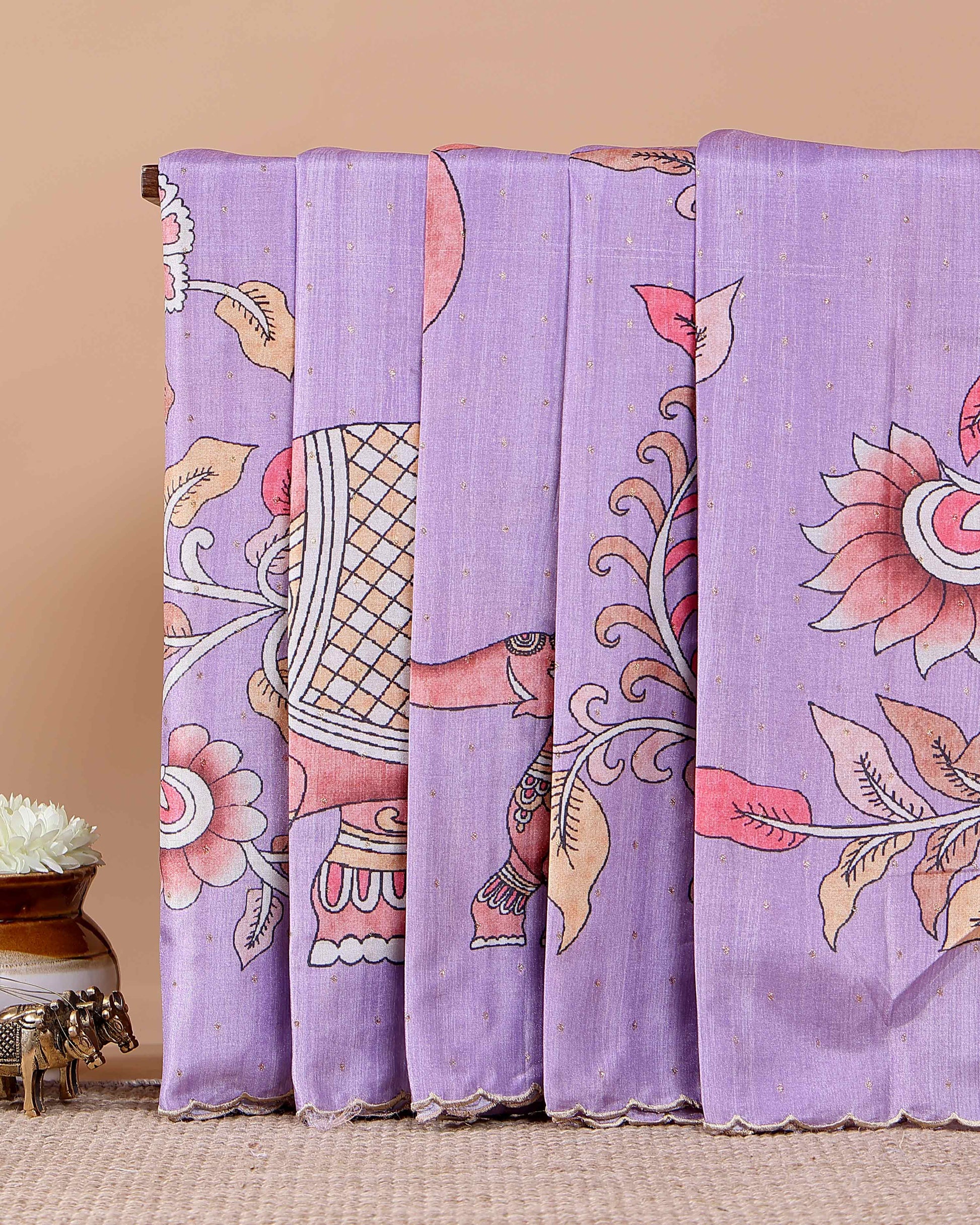 Elegant Semi Tussar Saree with Hand-Painted Elephant and Floral Motifs - Lavender