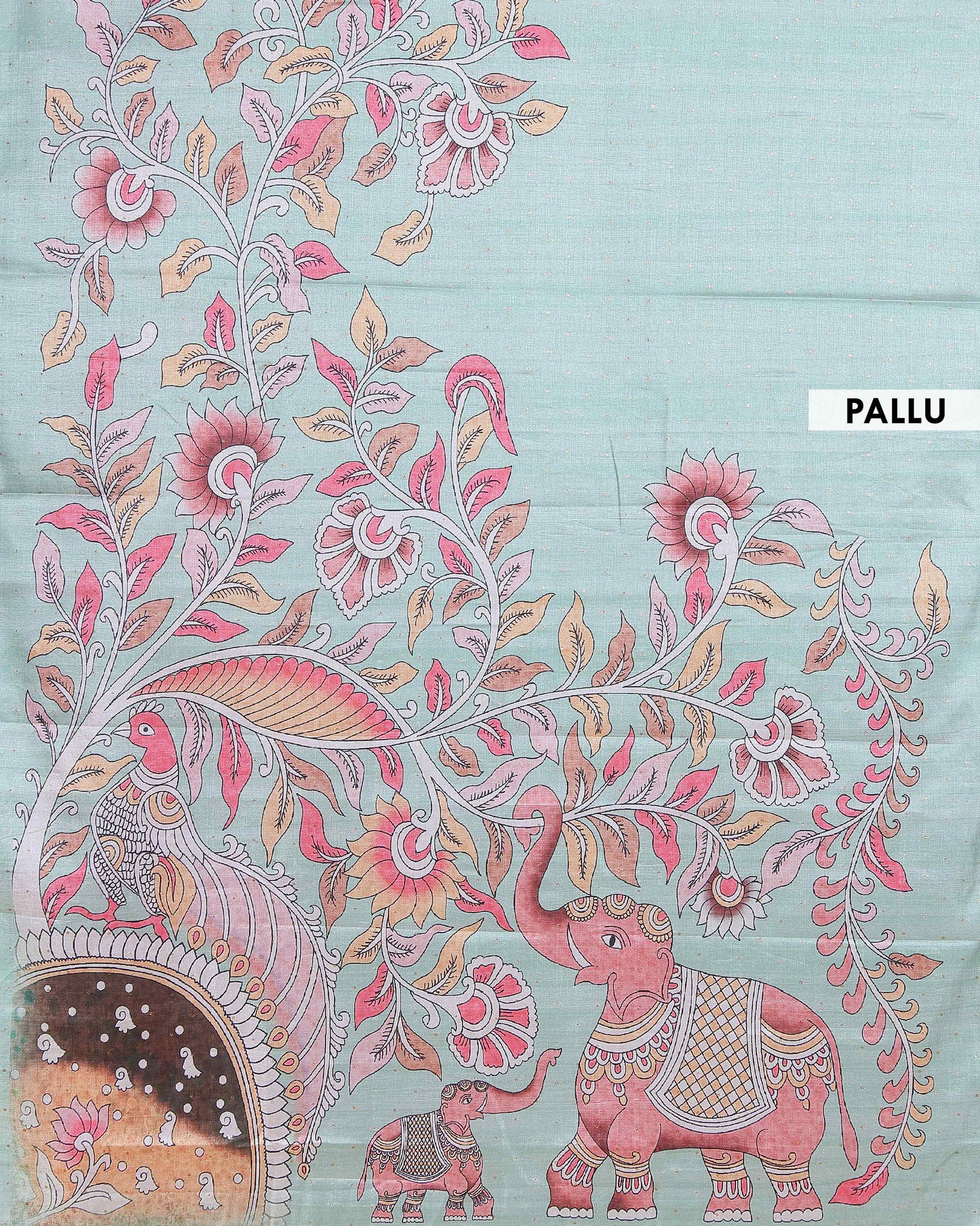 Elegant Semi Tussar Saree with Hand-Painted Elephant and Floral Motifs - Light Green