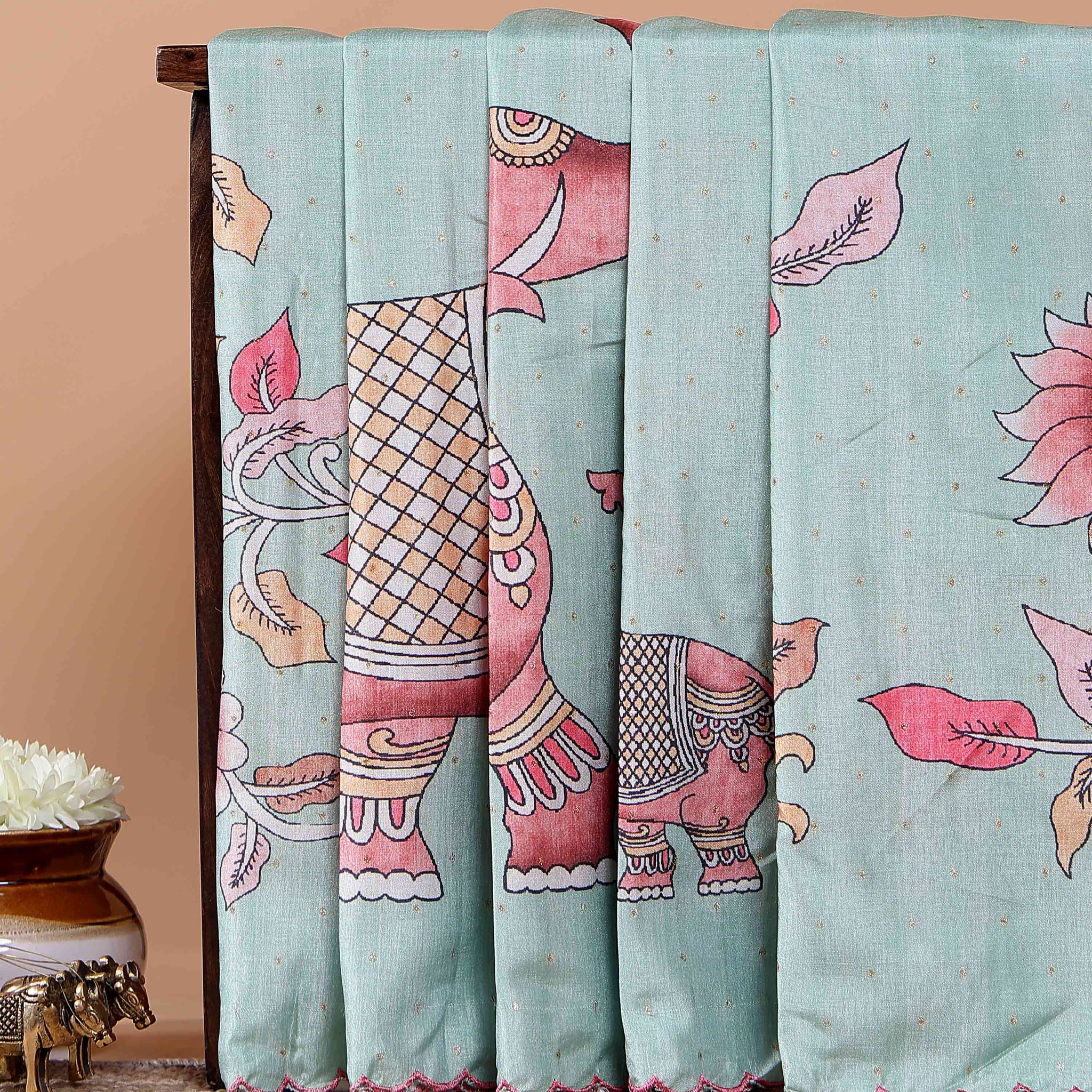 Elegant Semi Tussar Saree with Hand-Painted Elephant and Floral Motifs - Light Green