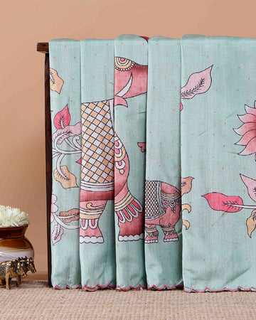 Elegant Semi Tussar Saree with Hand-Painted Elephant and Floral Motifs - Light Green