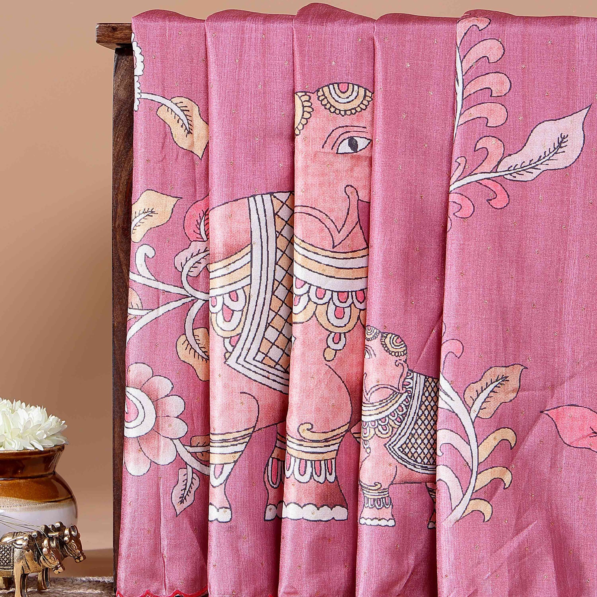 Elegant Semi Tussar Saree with Hand-Painted Elephant and Floral Motifs - Pink